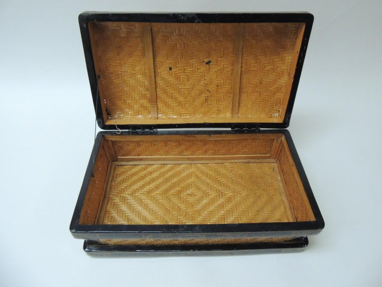 Large Rectangular Bamboo and Black Lacquered Asian Decorative Box at