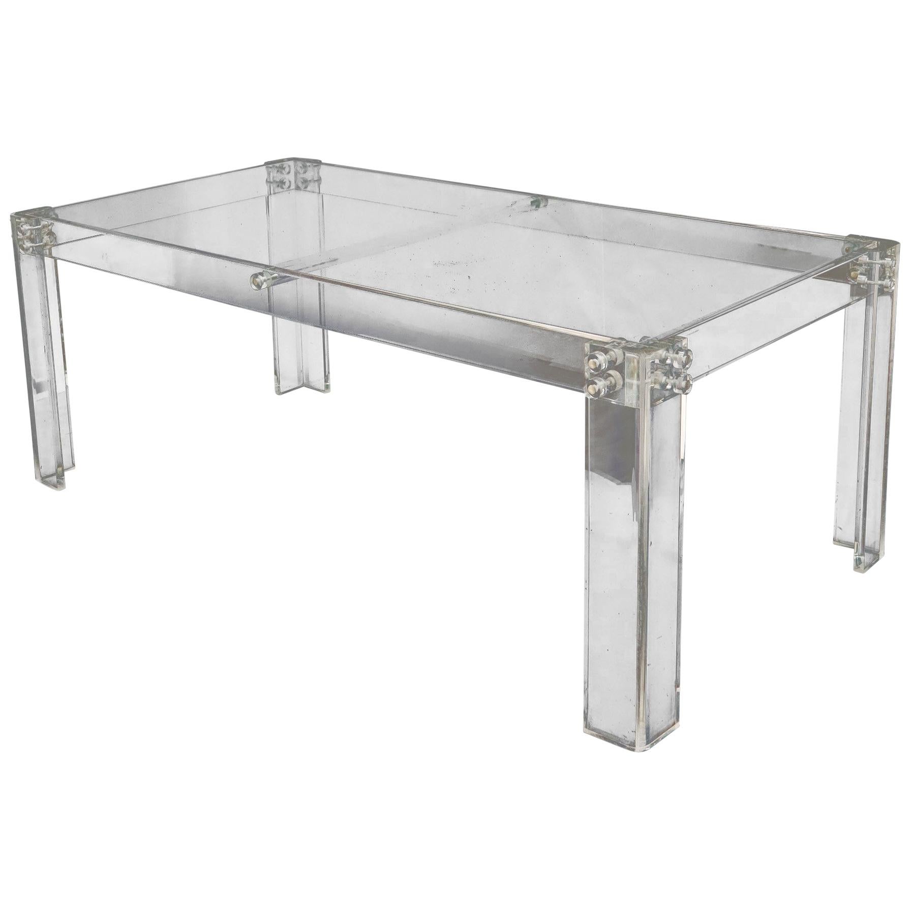 Large Rectangular Bent Lucite Base Glass Top Dining Conference Table