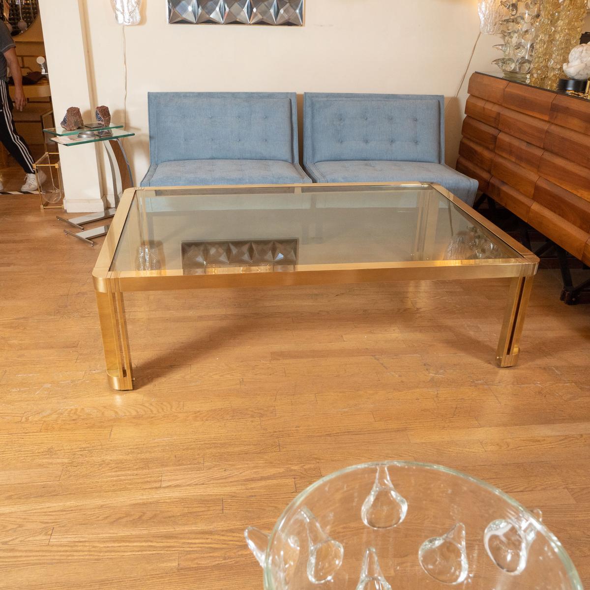 Mid-Century Modern Large rectangular brass and glass coffee table with incised design For Sale