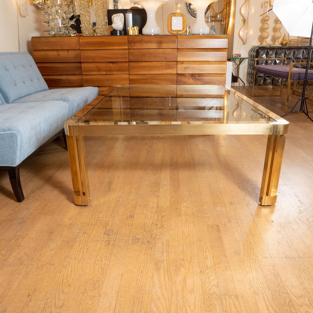 American Large rectangular brass and glass coffee table with incised design For Sale