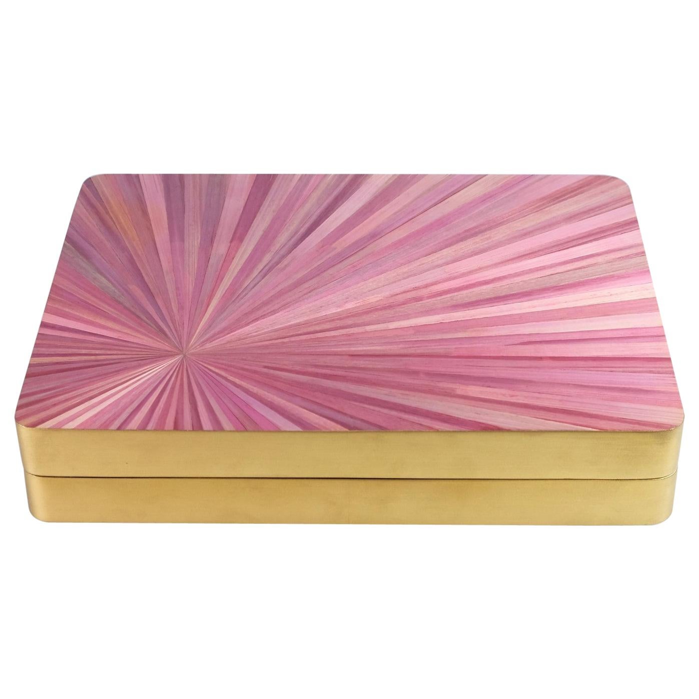 Large Rectangular Brass Box with a Pink Straw Marquetry Lid by Ginger Brown