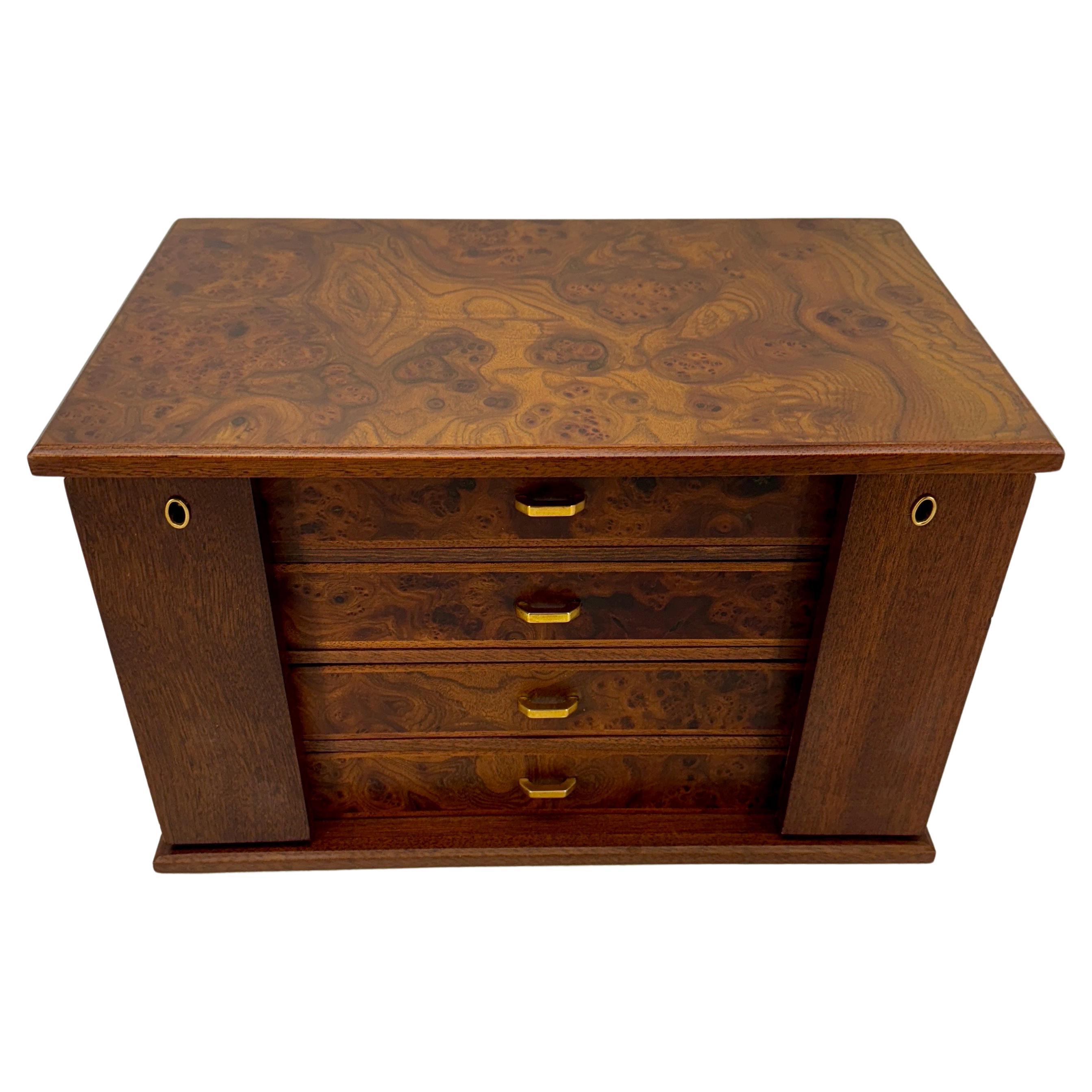 Mid-20th Century Large Italian Rectangular Burl Wood Jewelry Box With 4 Drawers For Sale