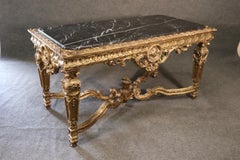 Large French Carved Gilded Louis XIV Marble Top Center Table with Stretcher
