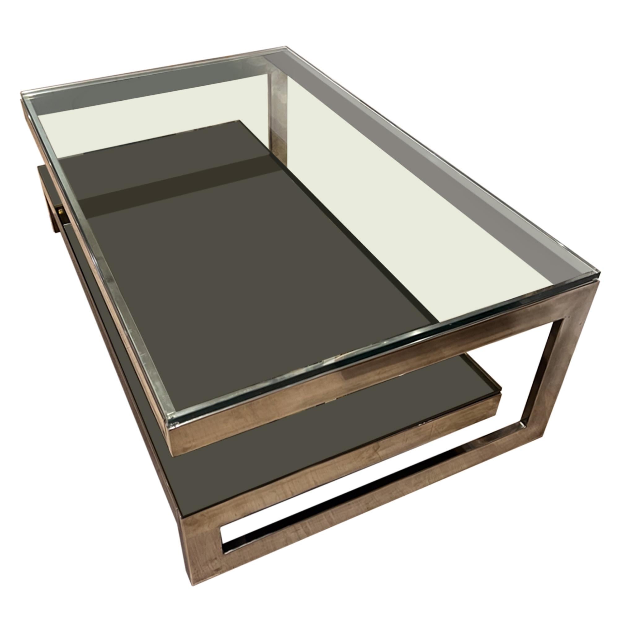 This stunning, large midcentury coffee table is a classic piece by the Belgian furniture maker and designer Belgo Chrom. 

It is made from exceptional quality materials, has a brilliant design and this piece is in very good condition. 

This nickel