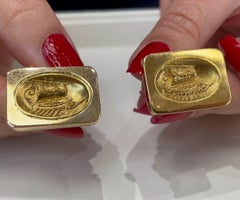 Large Rectangular Cufflinks with Concaving Oval Viking Motif in 18K Yellow Gold