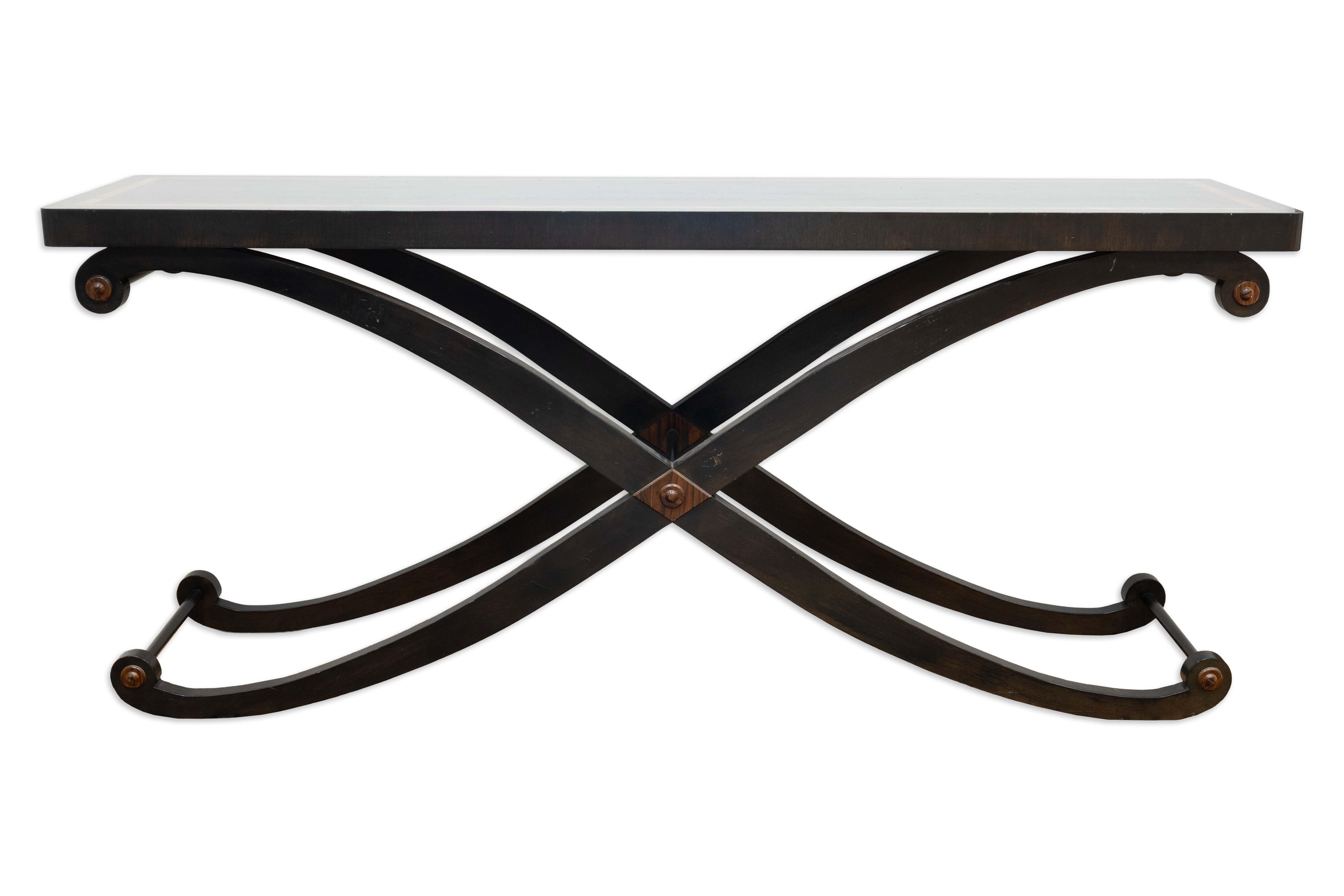 Inconnu Large Rectangular Curved Wood Console Table With Cross Legs en vente