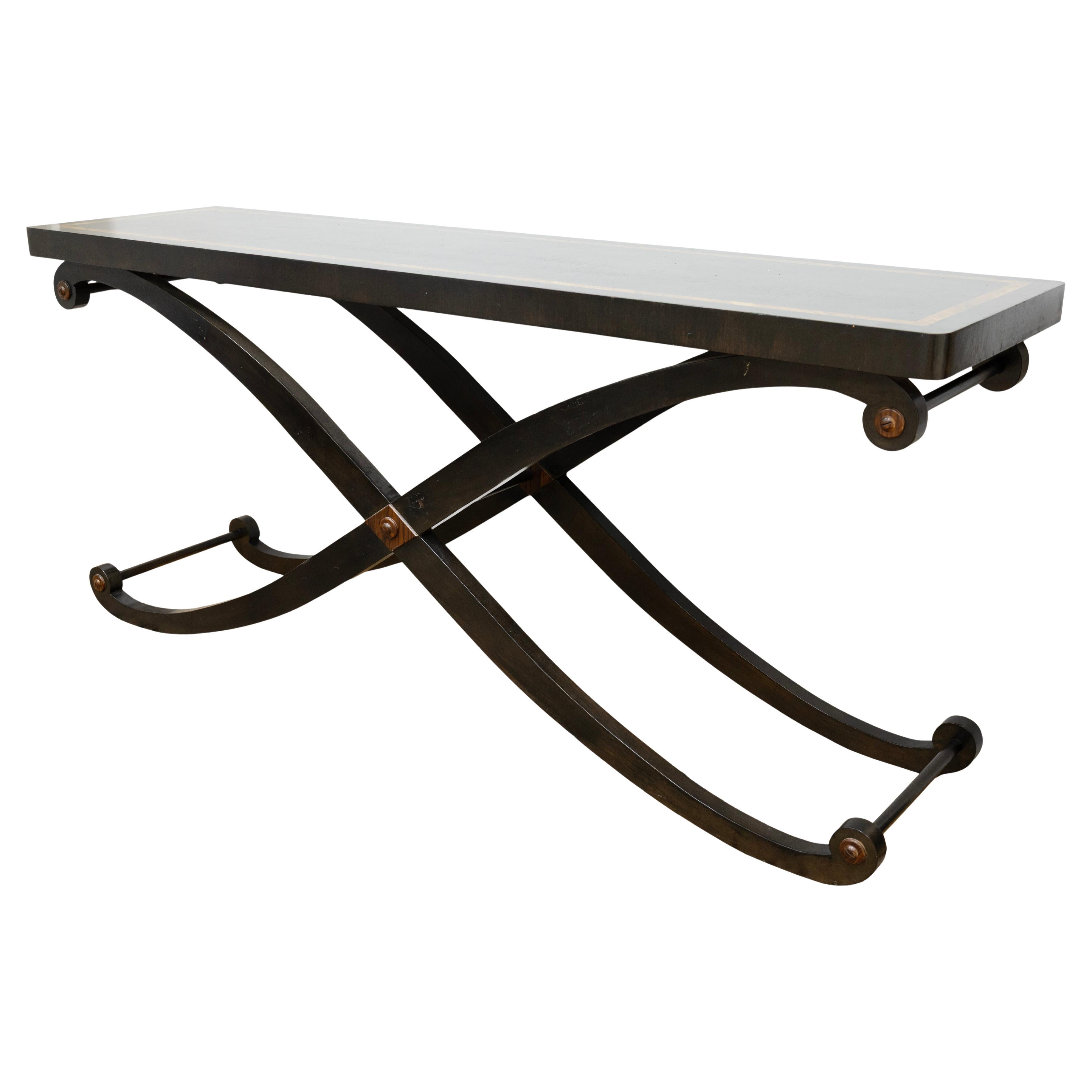 Large Rectangular Curved Wood Console Table With Cross Legs