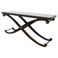 Large Rectangular Curved Wood Console Table With Cross Legs