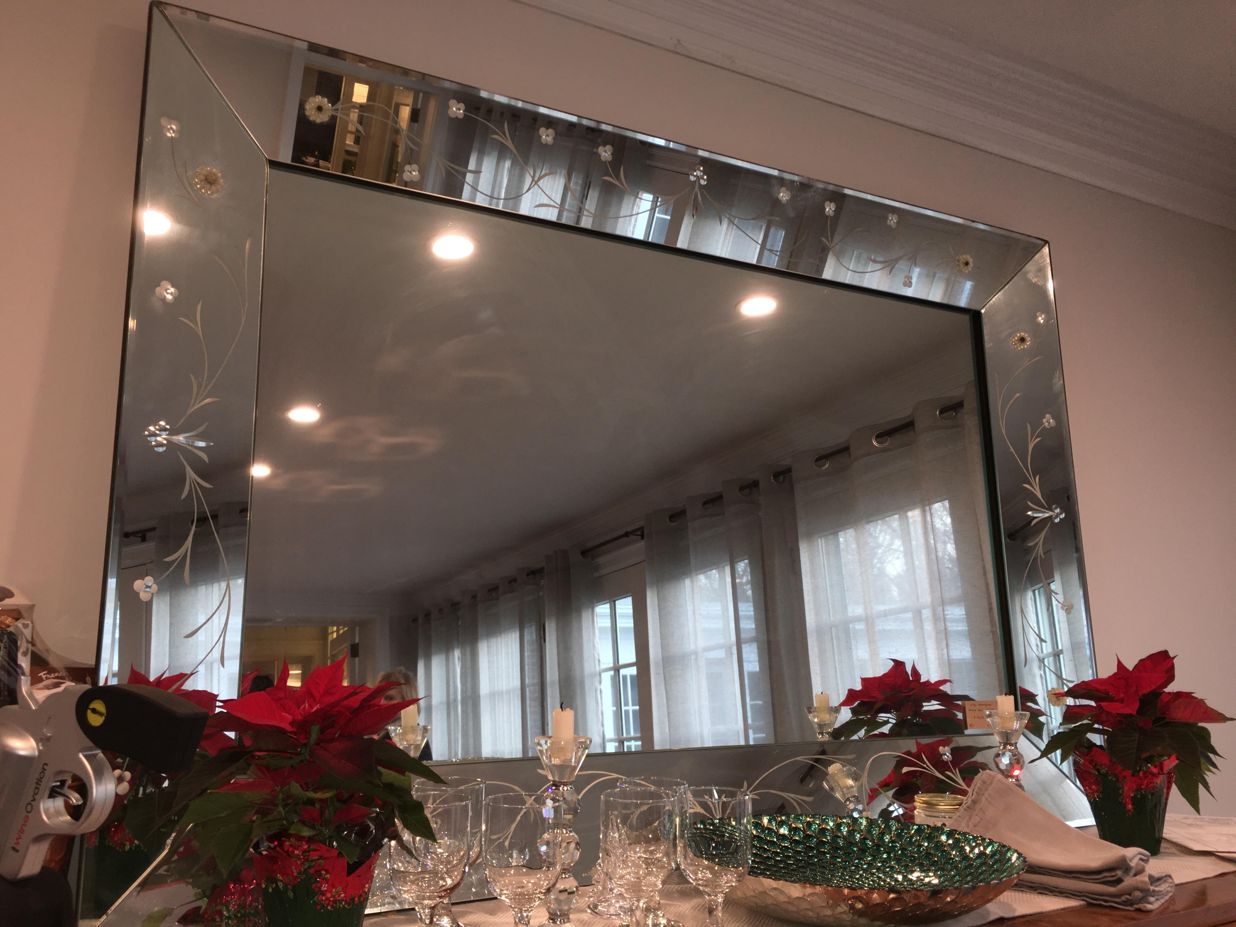 Mid-Century Modern Grand miroir italien en verre gravé de 152,4 cm x 101,6 cm en vente