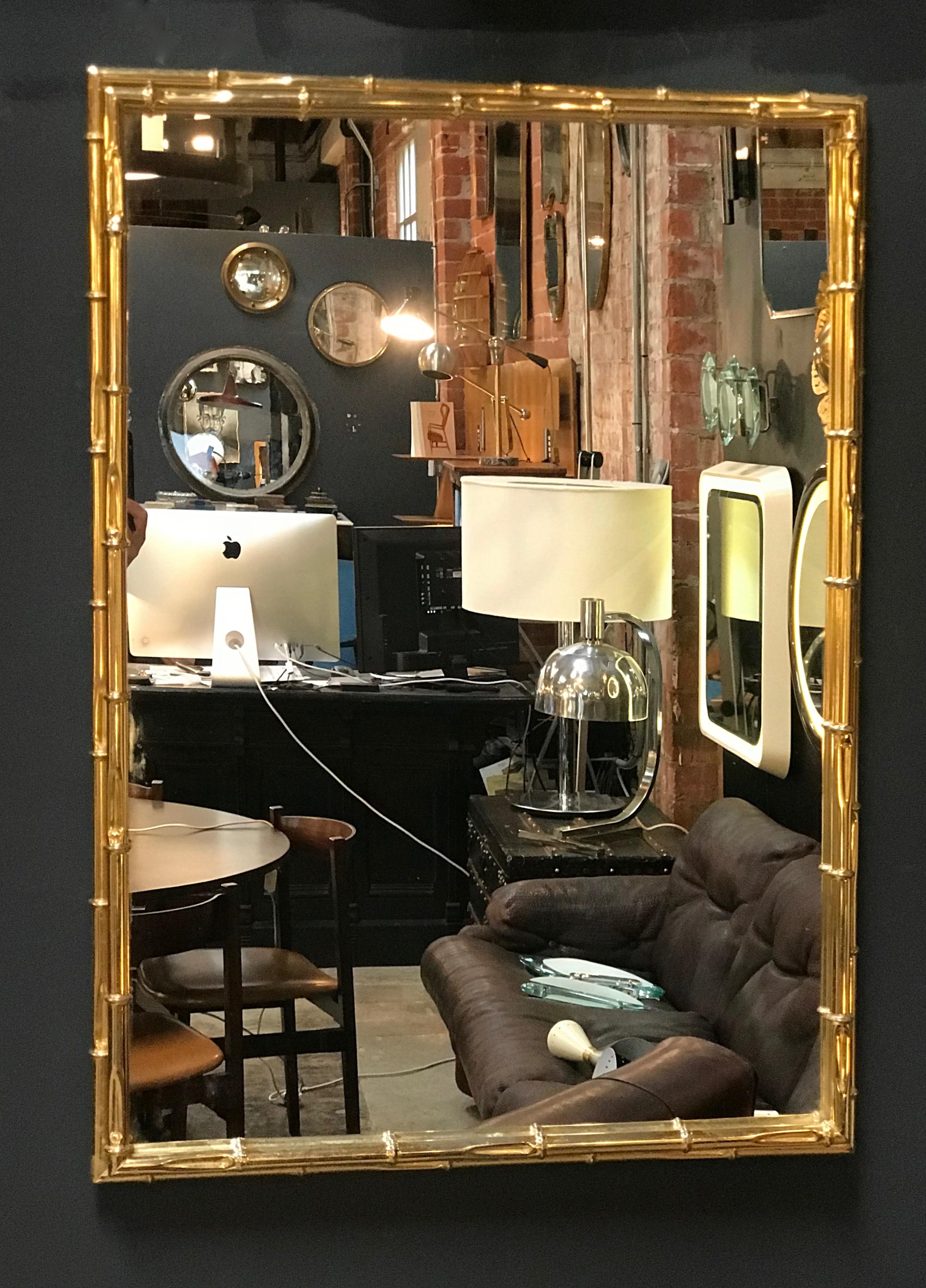 Large rectangular faux bamboo brass wall mirror, Italy, 1960s.