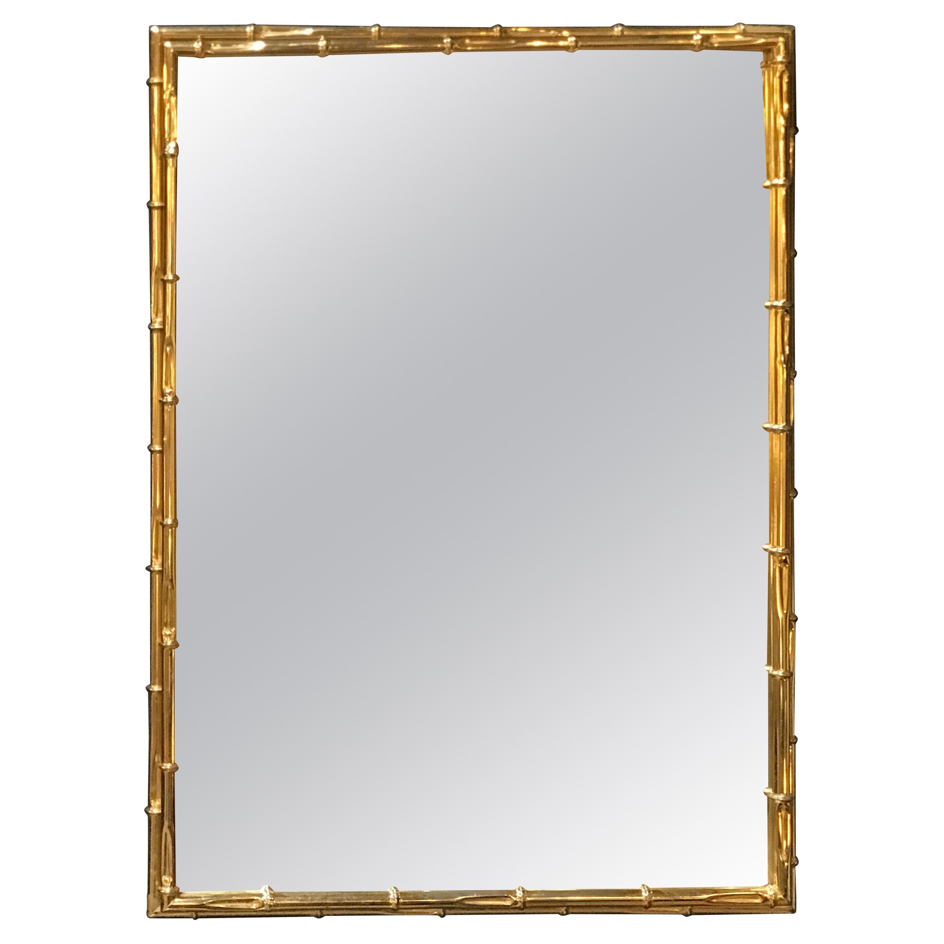 Large Rectangular Faux Bamboo Brass Wall Mirror, Italy, 1960s