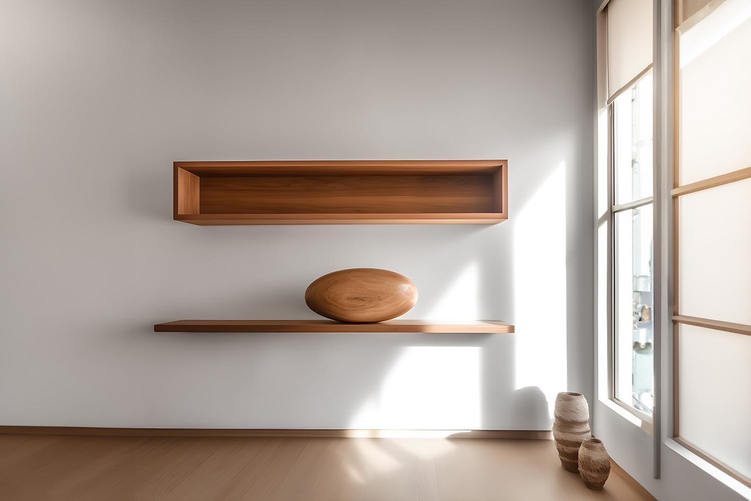 Large Rectangular Floating Shelf with Close Back and One Large Sculptural Wooden Pebble Accent, Sereno by Joel Escalona

—

What happens when the practical becomes art?
What happens when ornamentation gains significance?

Those were the questions