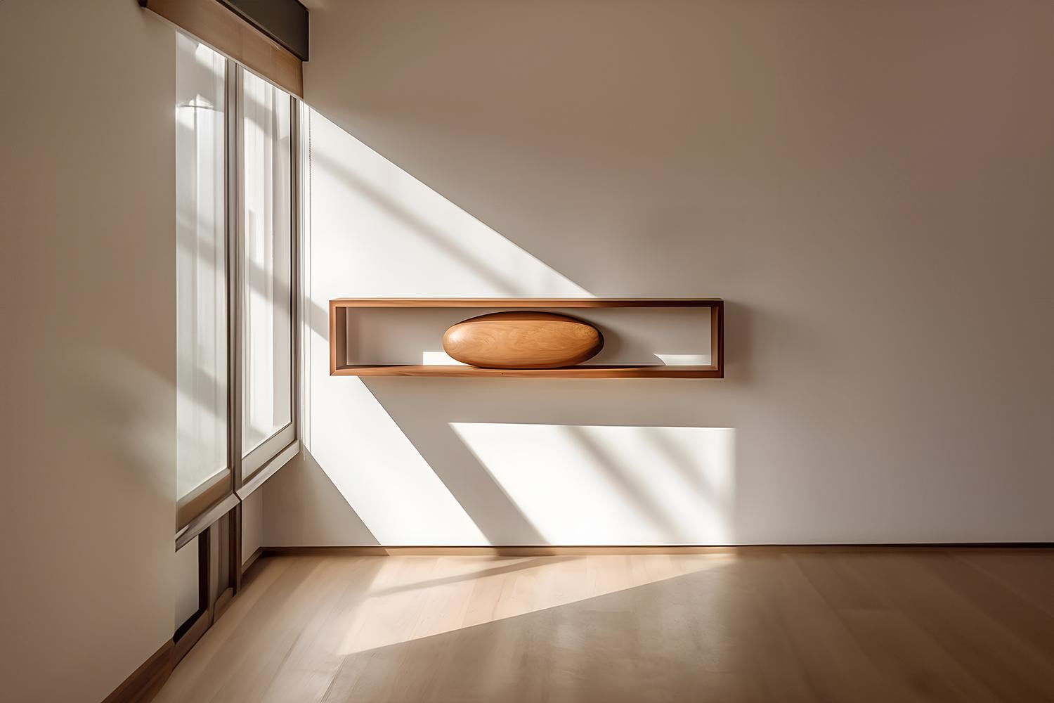 Large Rectangular Floating Shelf with One Sculptural Wooden Pebble Accent, Sereno by Joel Escalona

—

What happens when the practical becomes art?
What happens when ornamentation gains significance?

Those were the questions Joel Escalona