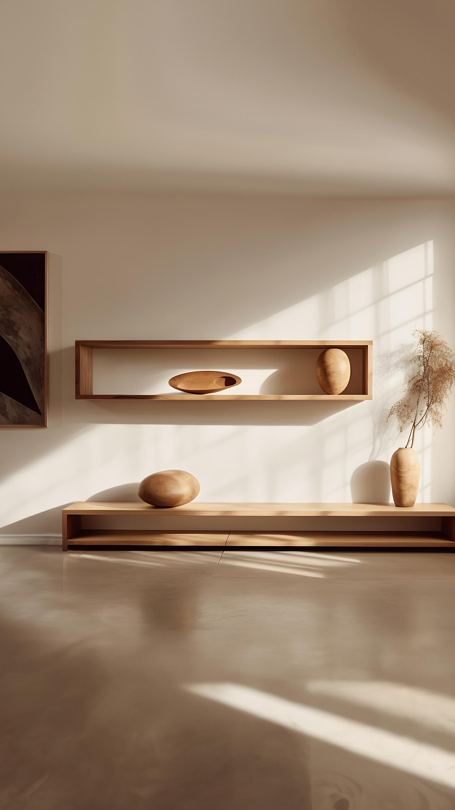 Mexican Large Rectangular Floating Shelf and One Large Sculptural Wooden Pebble, Sereno For Sale