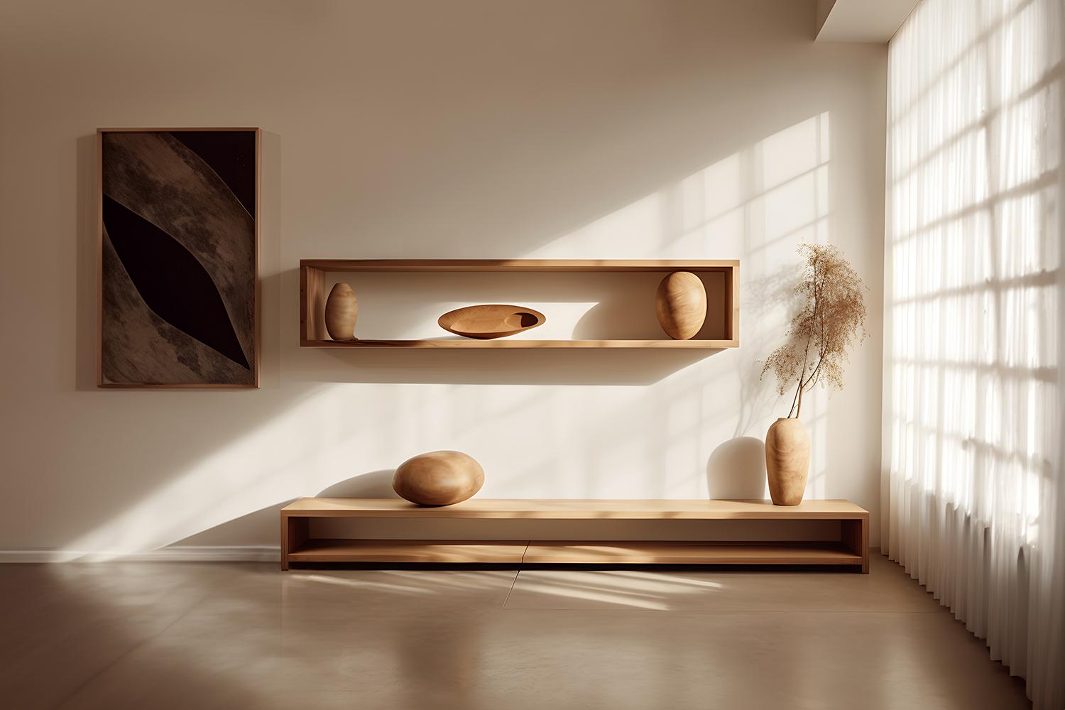 Large Rectangular Floating Shelf and One Large Sculptural Wooden Pebble, Sereno In New Condition For Sale In Estado de Mexico CP, Estado de Mexico