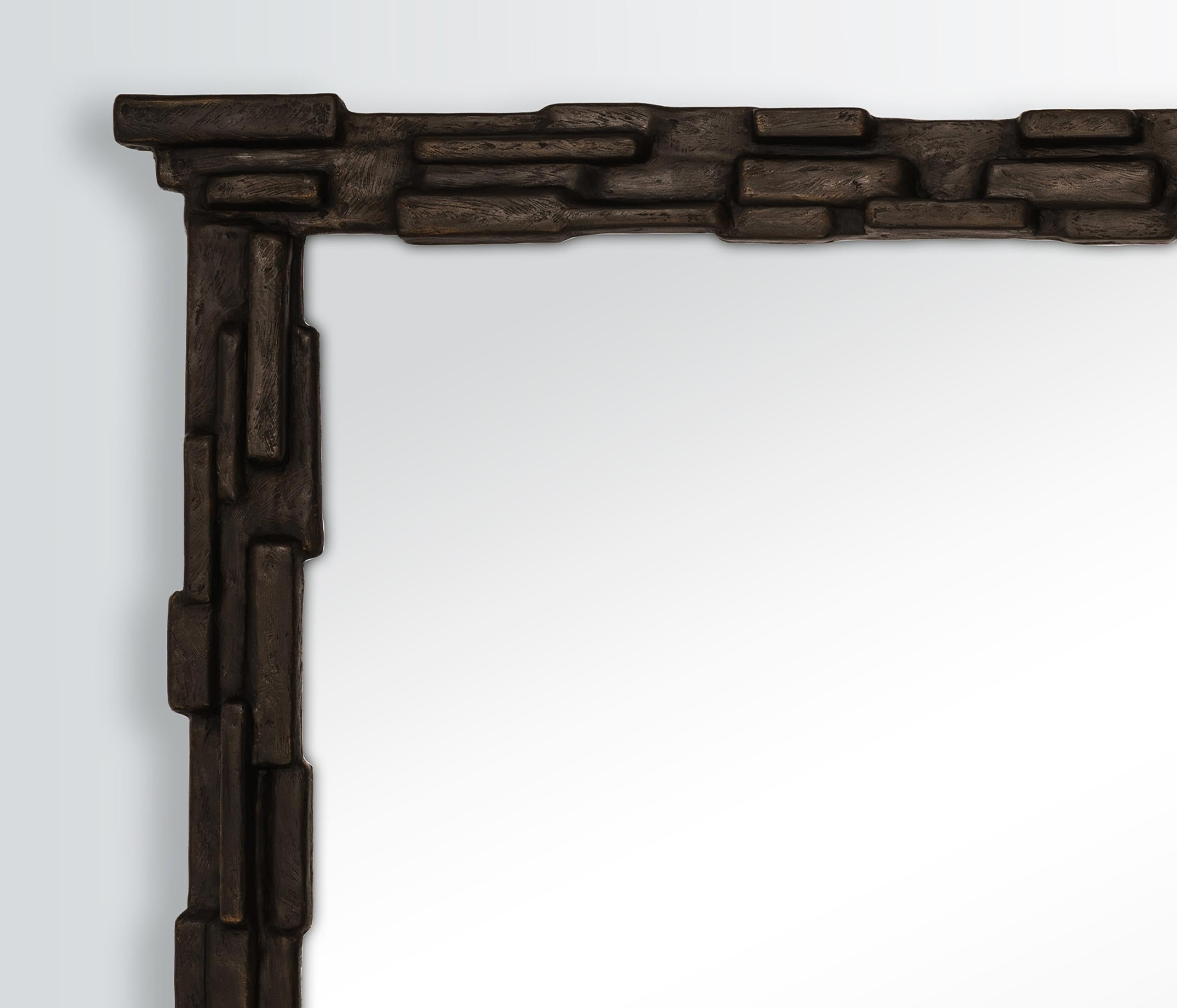 Modern Large Rectangular ‘Fractal’ Wall Mirror – Handcrafted Custom Bronze Plaster For Sale