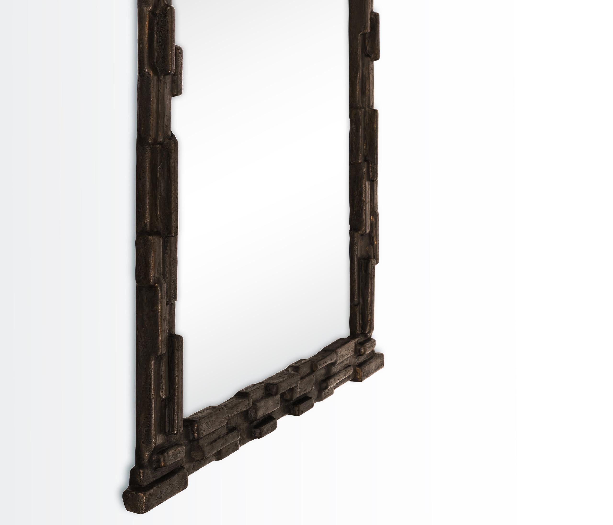 Hand-Crafted Large Rectangular ‘Fractal’ Wall Mirror – Handcrafted Custom Bronze Plaster For Sale