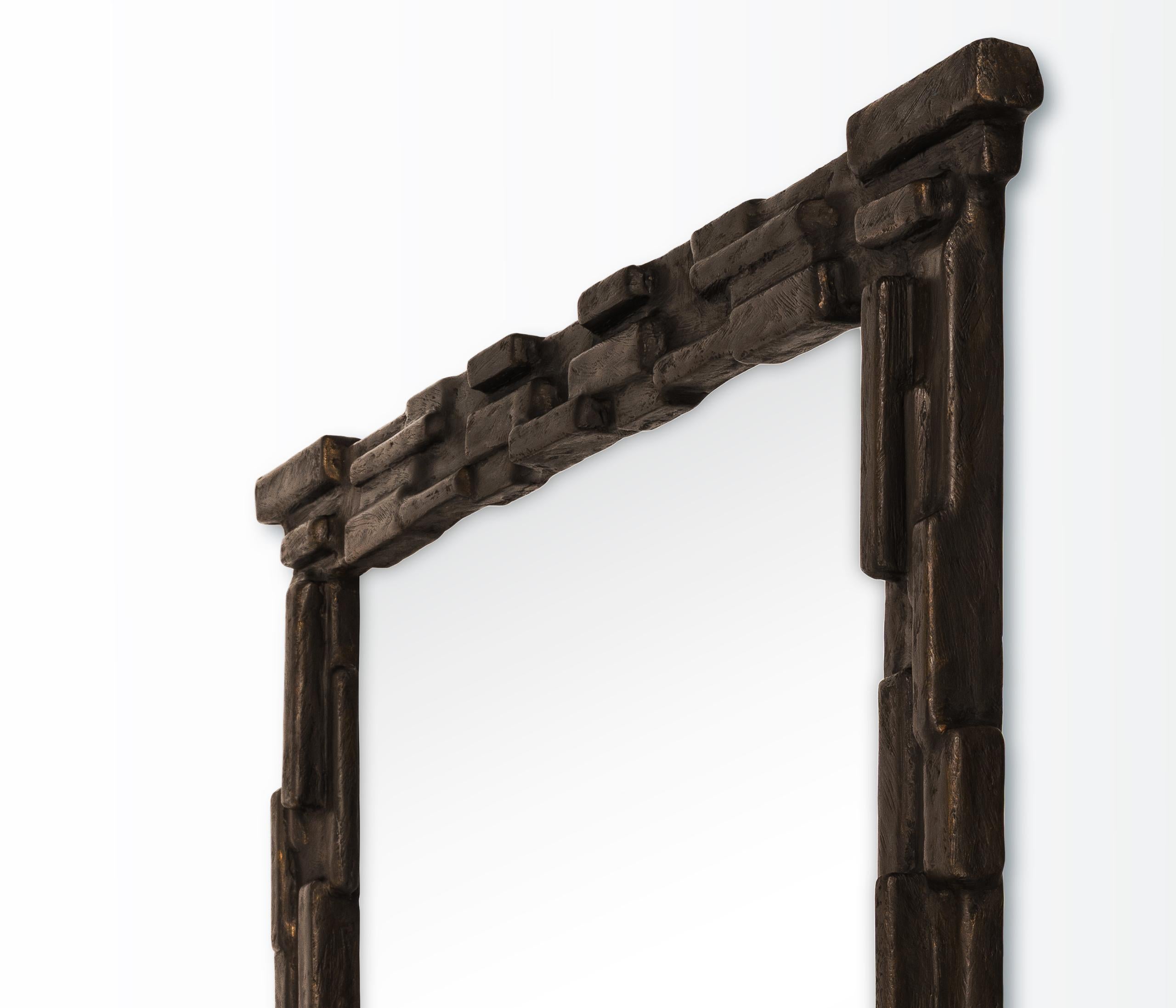Contemporary Large Rectangular ‘Fractal’ Wall Mirror – Handcrafted Custom Bronze Plaster For Sale