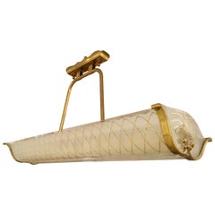 Large Rectangular French Art Deco White and Gold Glass and Brass Chandelier