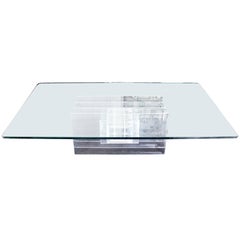 Large Rectangular Glass Top Thick Stack Lucite Blades Base Coffee Table