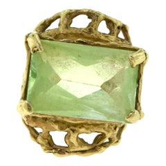 Retro Large Rectangular Green Topaz Estate Yellow Gold Webbed Ring