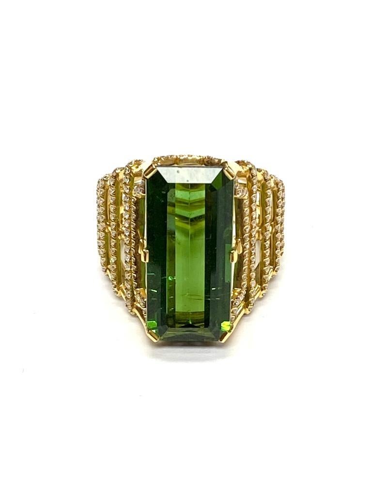 Emerald Cut Goshwara Rectangular Green Tourmaline And Diamond Ring For Sale