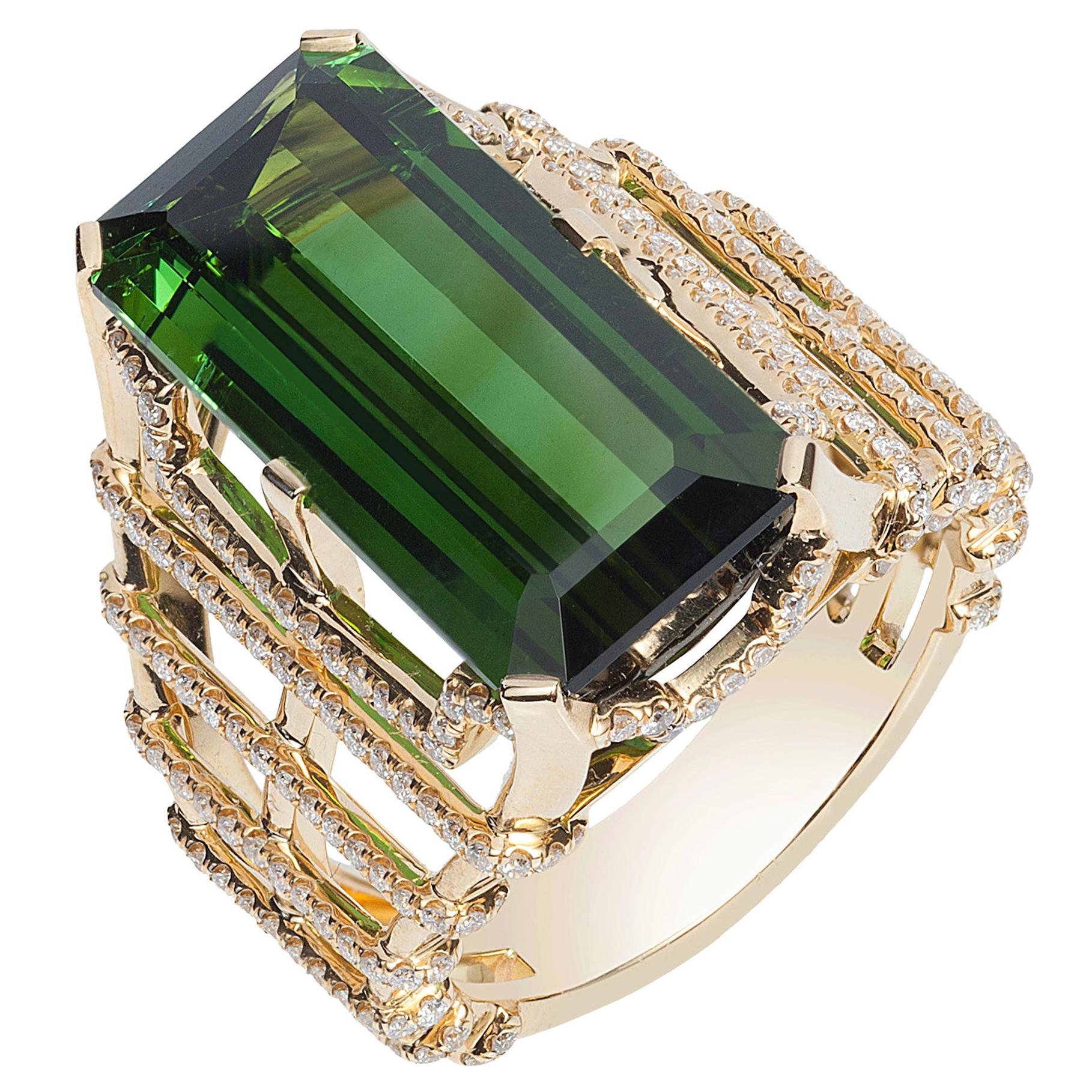 Goshwara Rectangular Green Tourmaline And Diamond Ring For Sale