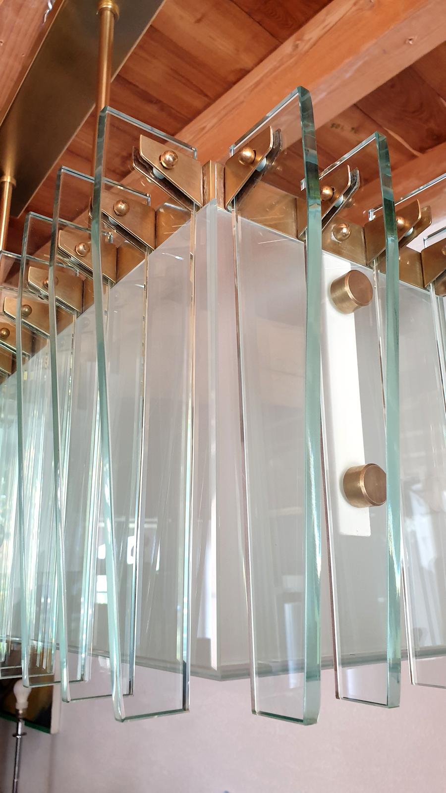 Large Rectangular Mid-Century Modern Glass & Brass Chandelier Attr to Dominici 7