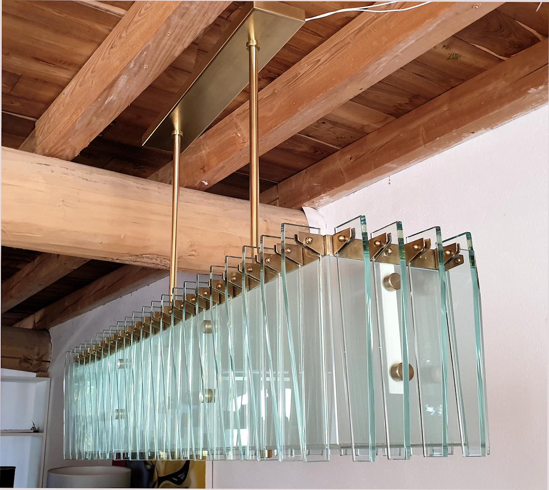 Large Rectangular Mid-Century Modern Glass & Brass Chandelier Attr to Dominici In Excellent Condition In Dallas, TX
