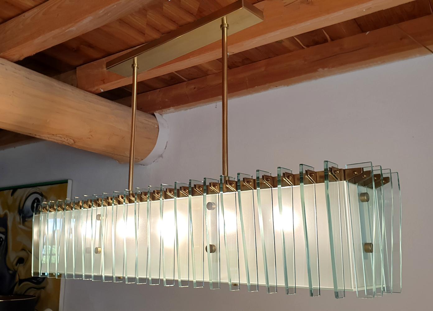 Large Rectangular Mid-Century Modern Glass & Brass Chandelier Attr to Dominici 1