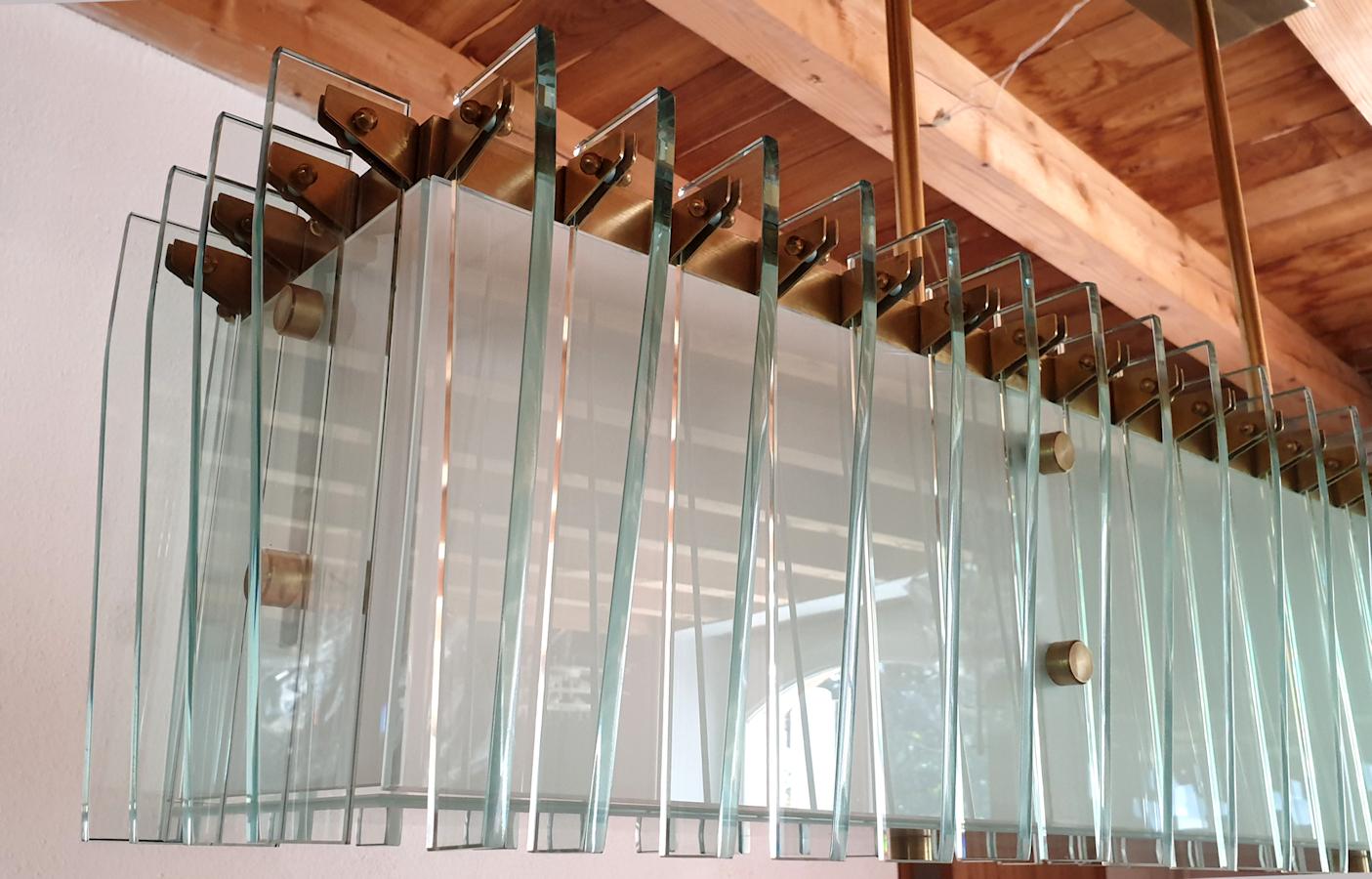 Large Rectangular Mid-Century Modern Glass & Brass Chandelier Attr to Dominici 2
