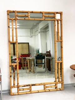 Large Rectangular Mirror with Bamboo and Wicker Structure, Rattan, 1970s Italy