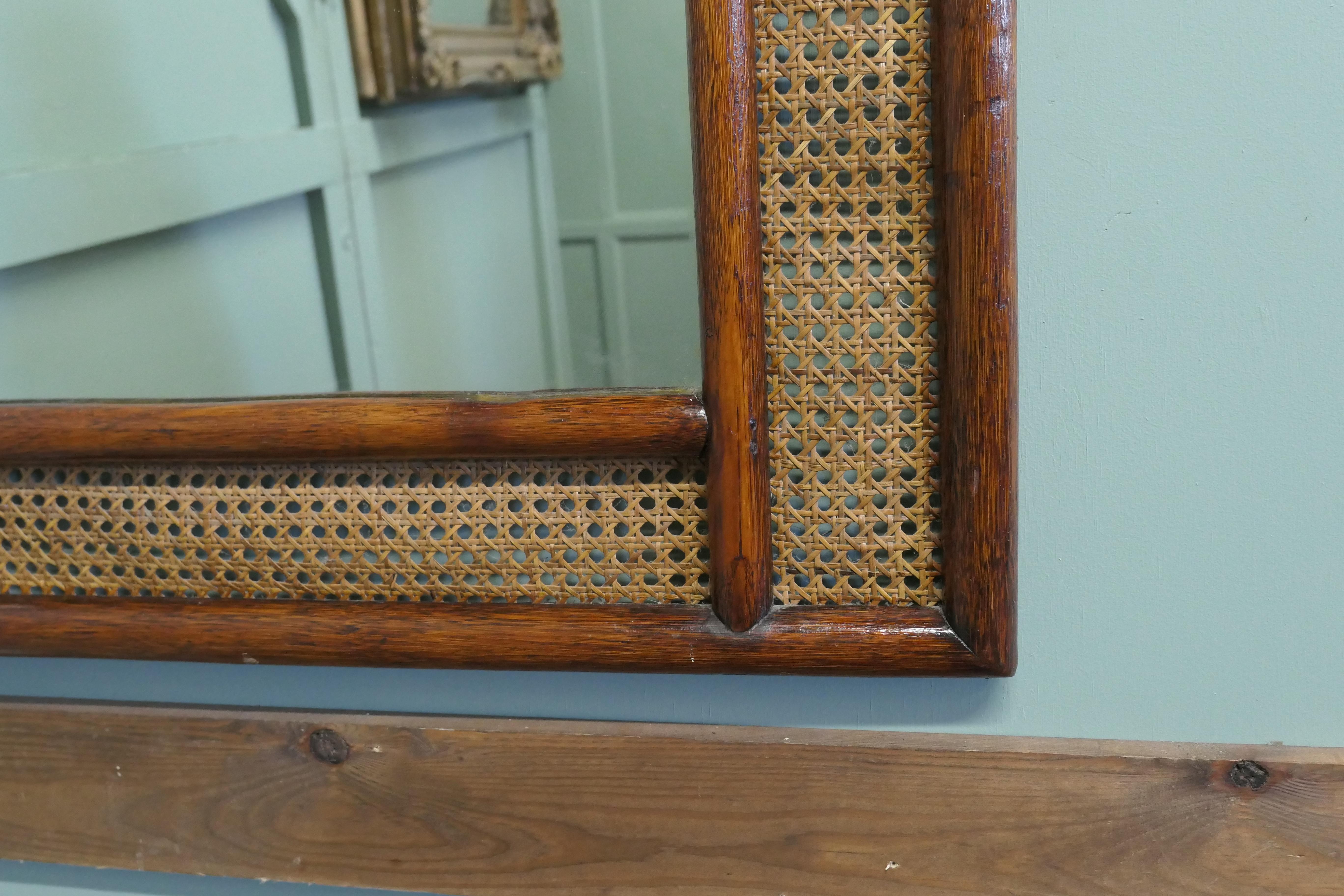 Mid-Century Modern Large Rectangular Mirror with Bergère, Ratan Frame For Sale