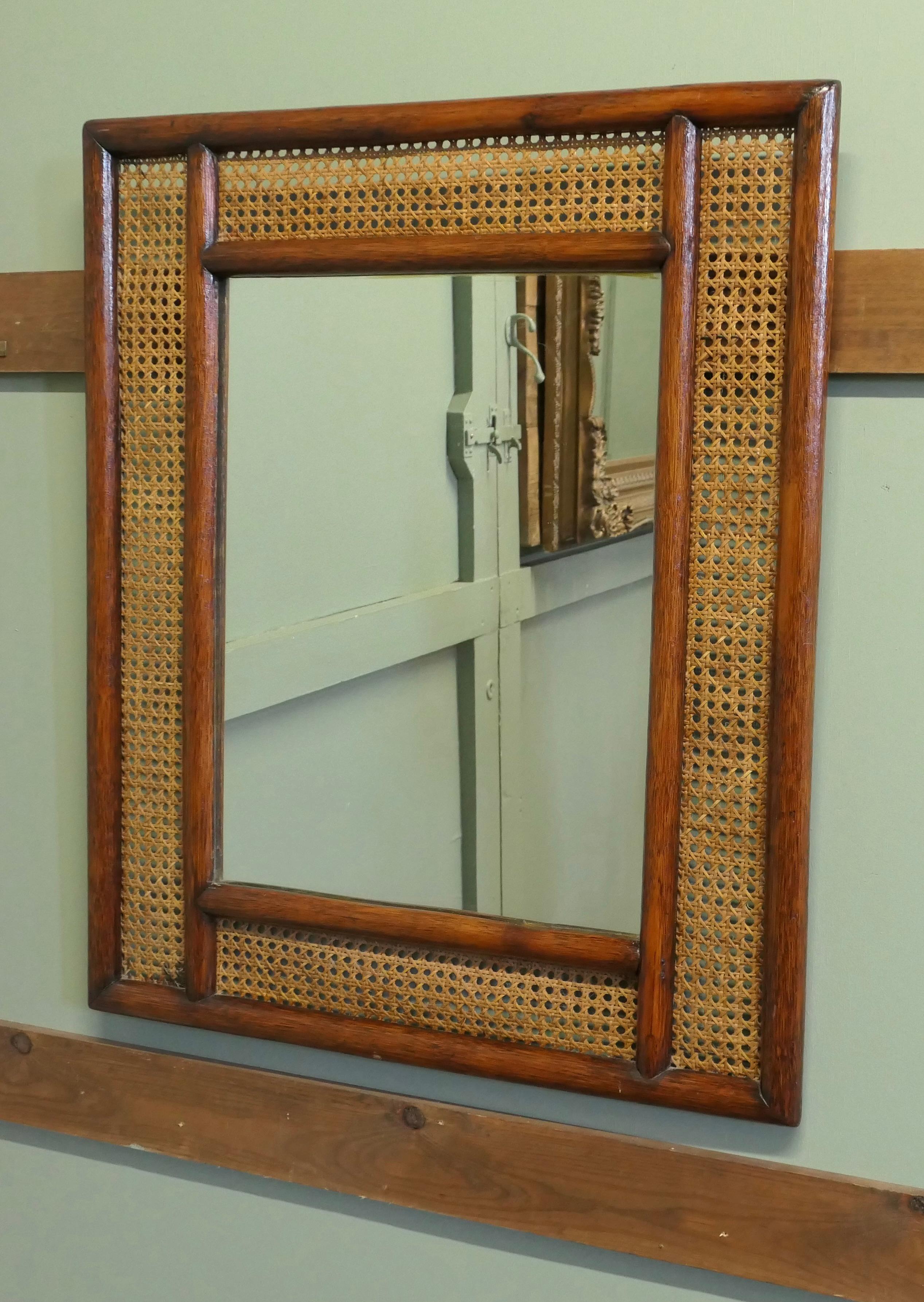 Mid-20th Century Large Rectangular Mirror with Bergère, Ratan Frame For Sale