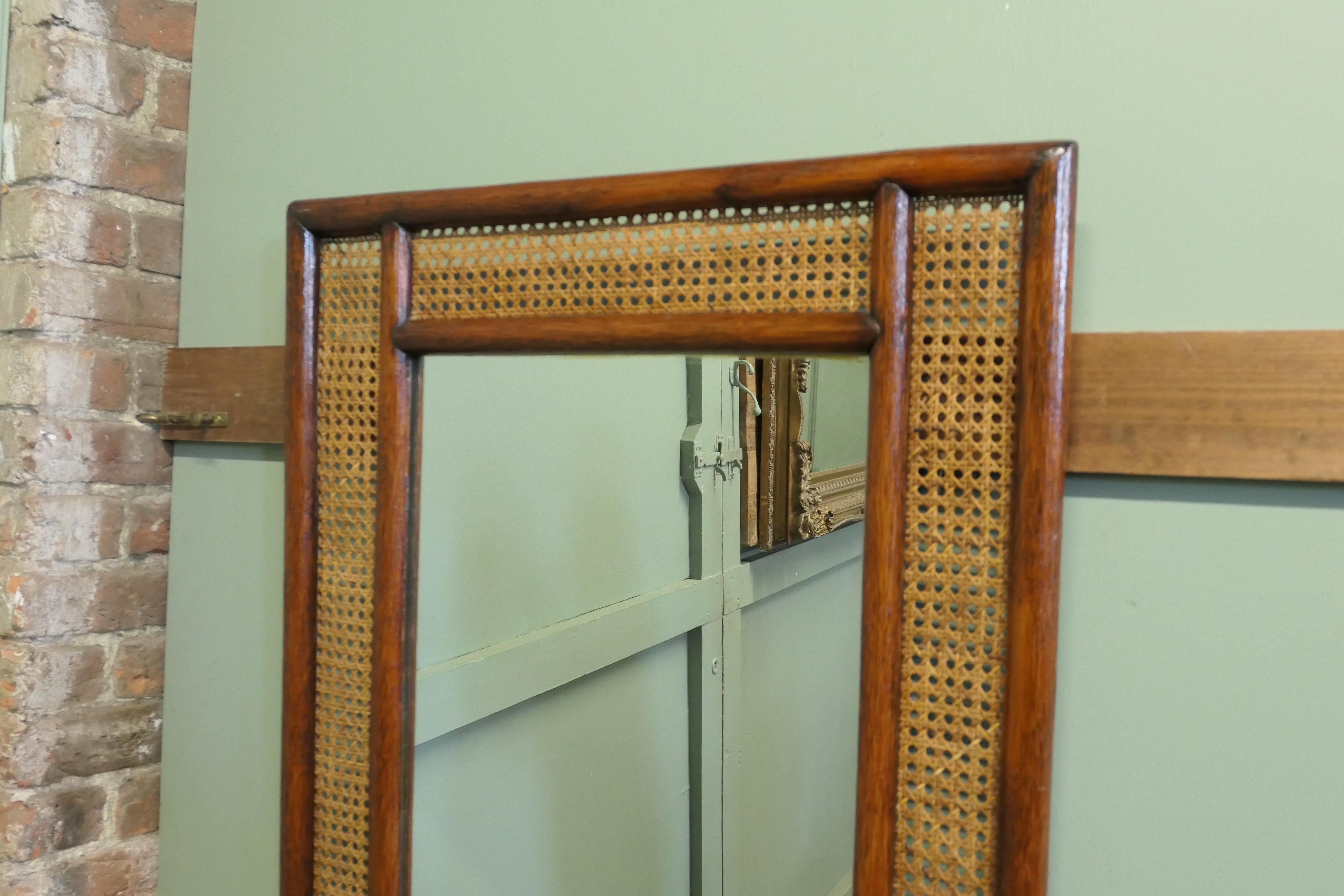 Glass Large Rectangular Mirror with Bergère, Ratan Frame For Sale