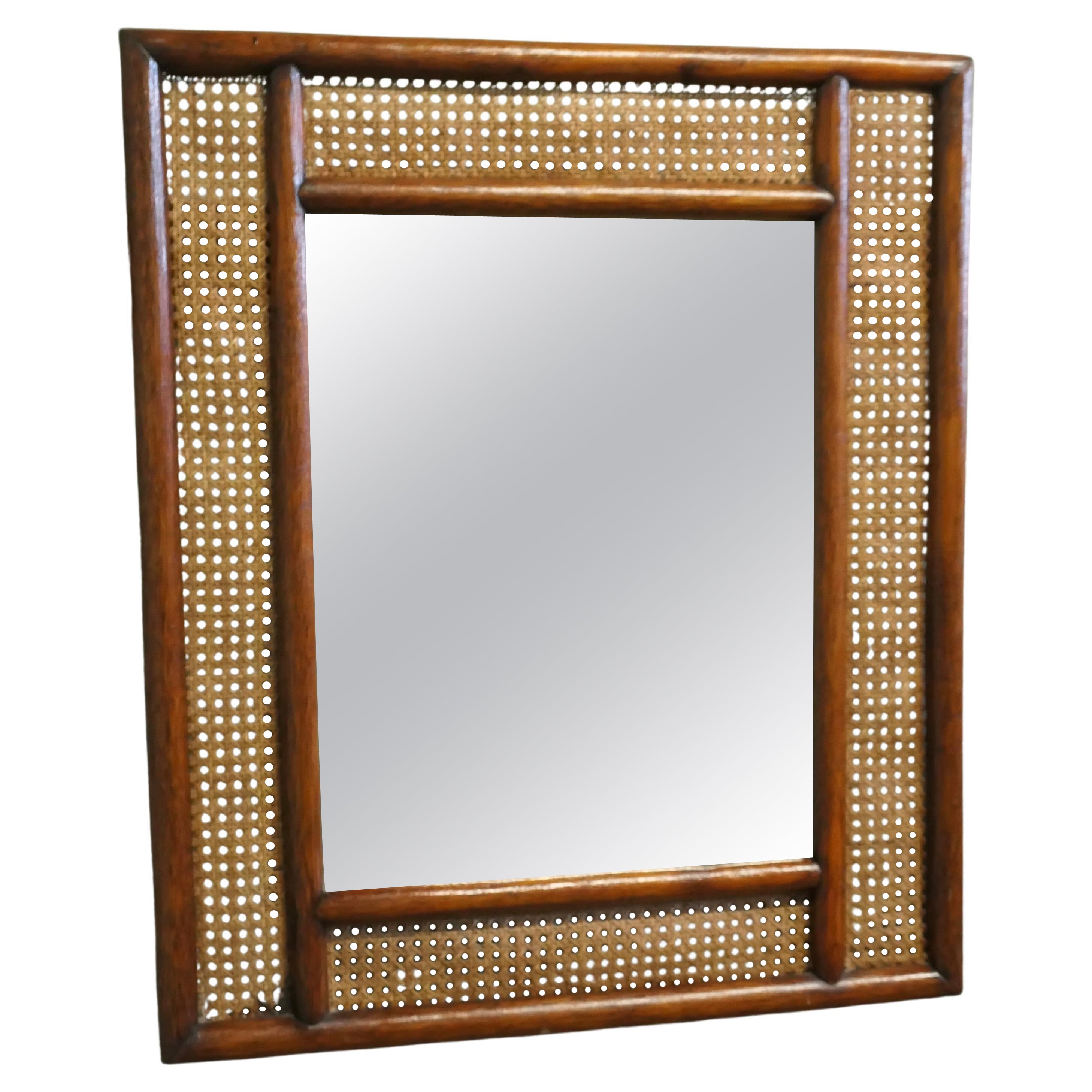 Large Rectangular Mirror with Bergère, Ratan Frame For Sale