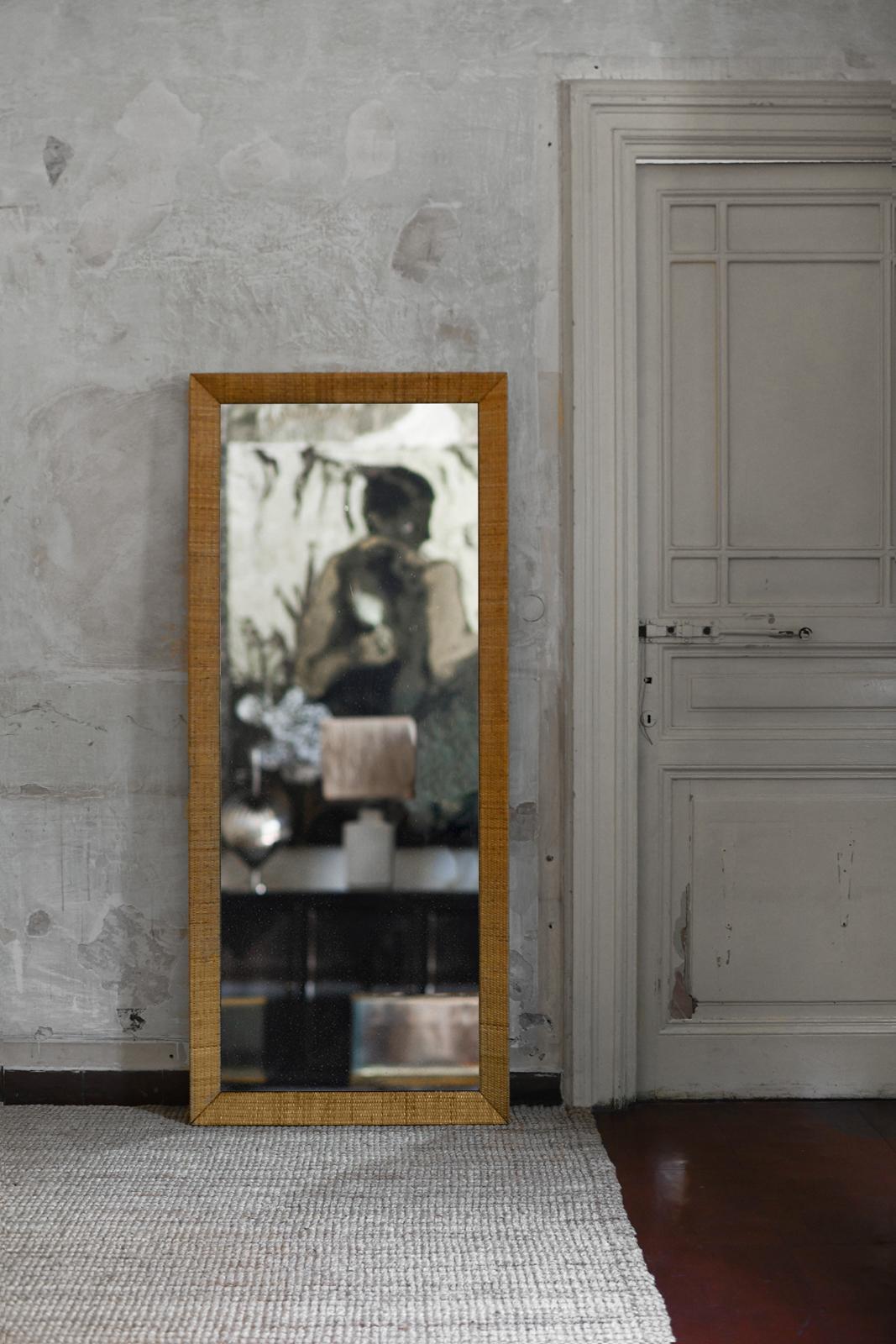 Large Rectangular Mirror With Cane Fabric Frame, 1980s 
Product Details 
Dimensions: 76.5 W x 180 H × 6 D cm