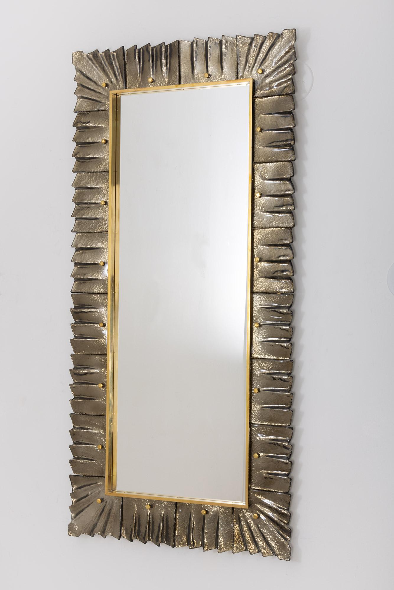 Mid-Century Modern Large Rectangular Murano Amber Bronze Glass Framed Mirror, in Stock For Sale