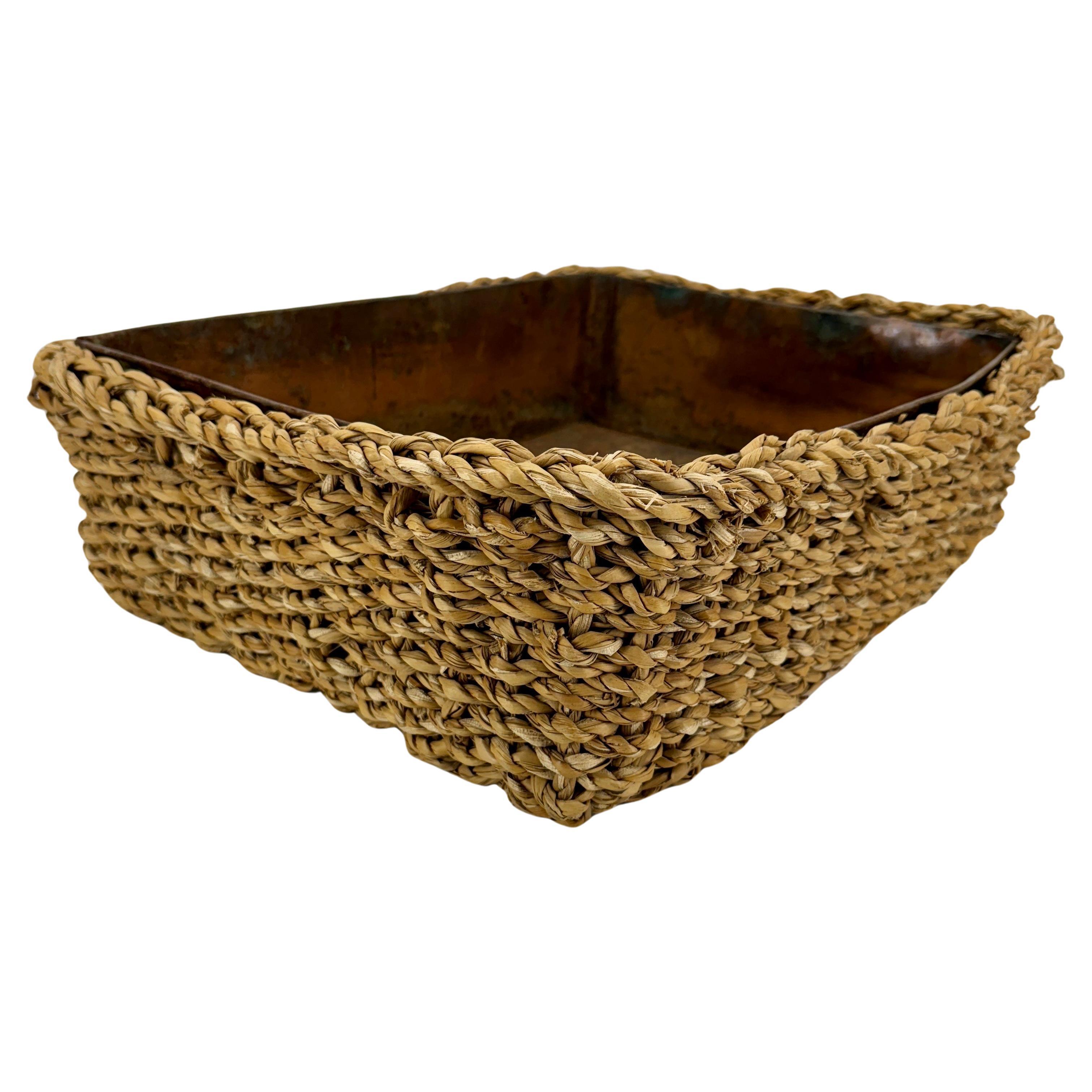 French Provincial Large Rectangular Planter Basket with Rustic Metal Liner, France For Sale