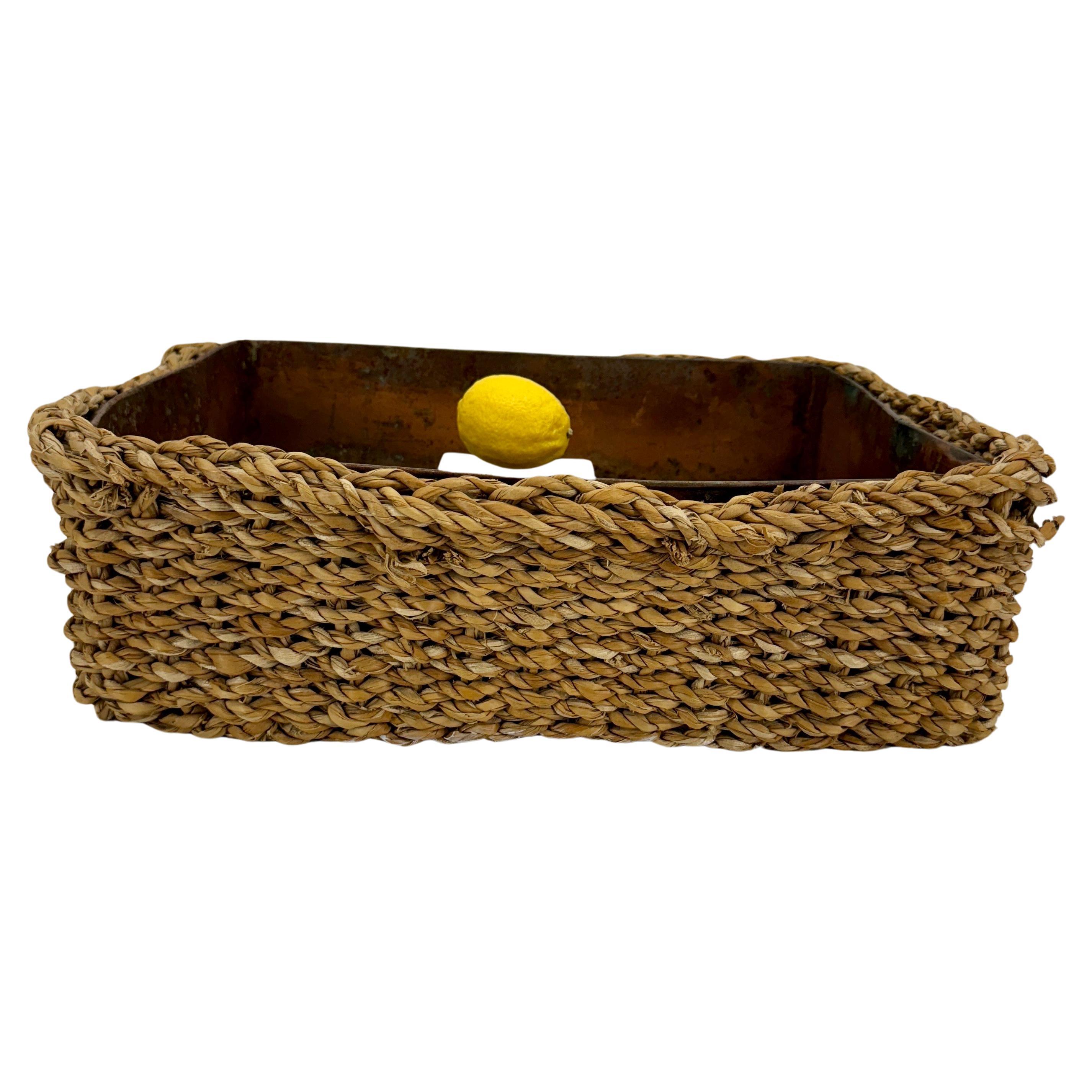 Hand-Crafted Large Rectangular Planter Basket with Rustic Metal Liner, France For Sale