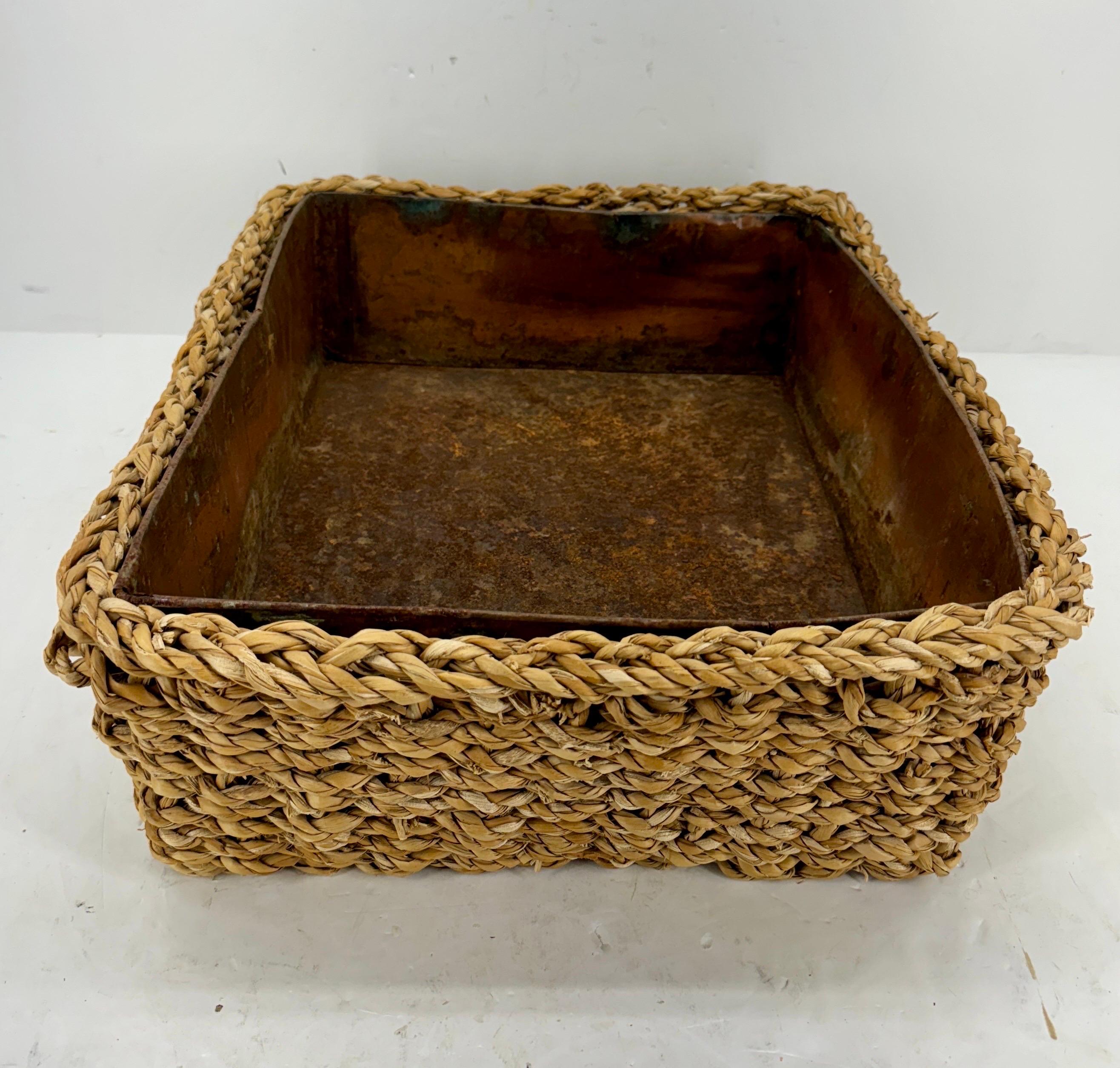 20th Century Large Rectangular Planter Basket with Rustic Metal Liner, France For Sale