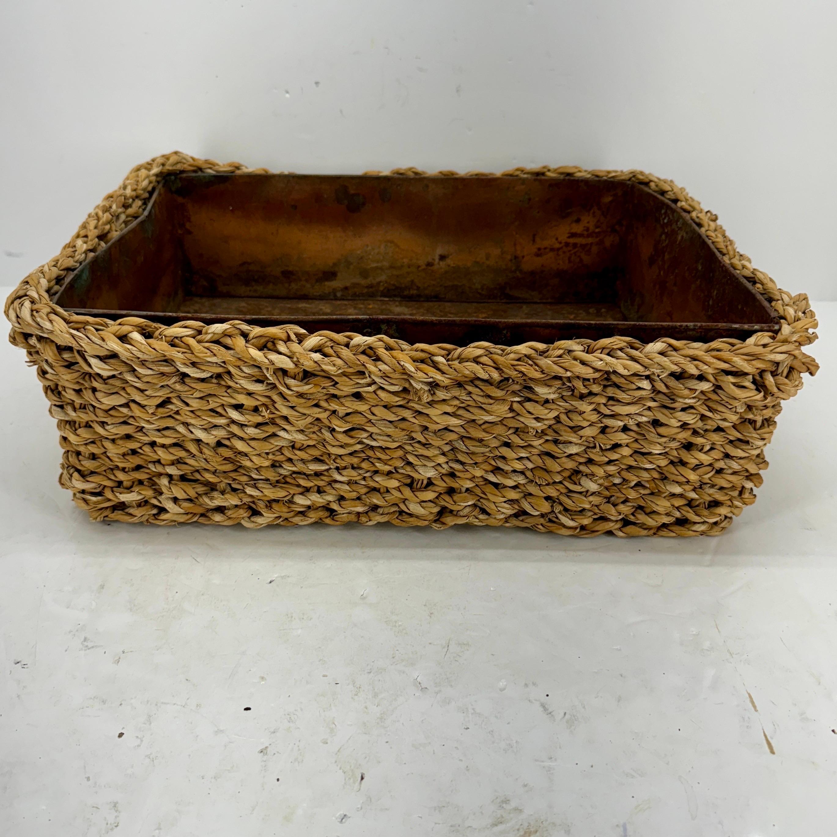 Rattan Large Rectangular Planter Basket with Rustic Metal Liner, France For Sale