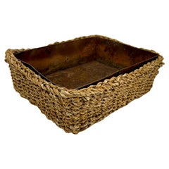 Antique Large Rectangular Planter Basket with Rustic Metal Liner, France