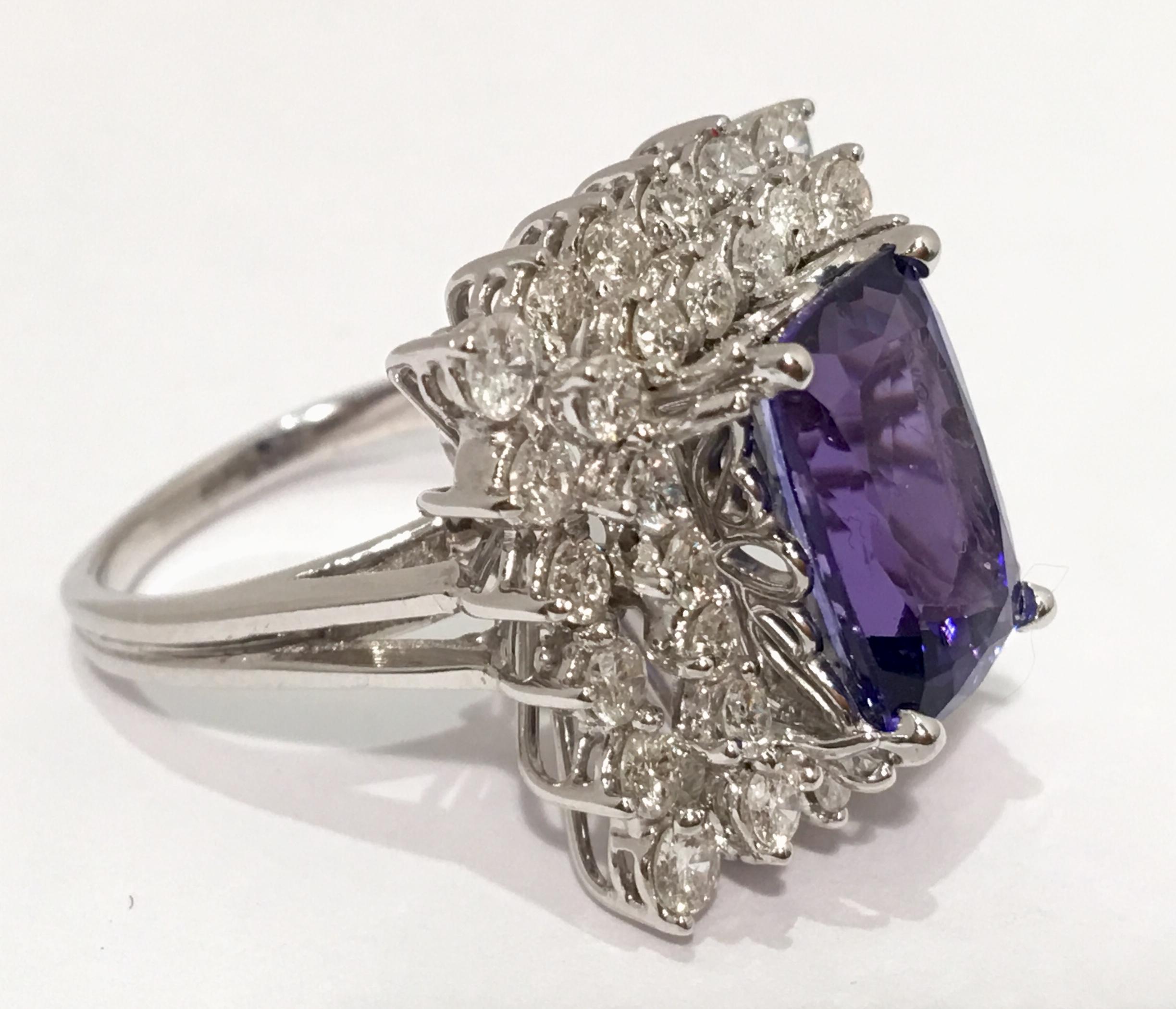 Showy 10.5 Carat Vivid Tanzanite Double Diamond Halo White Gold Cocktail Ring In Excellent Condition For Sale In Tustin, CA