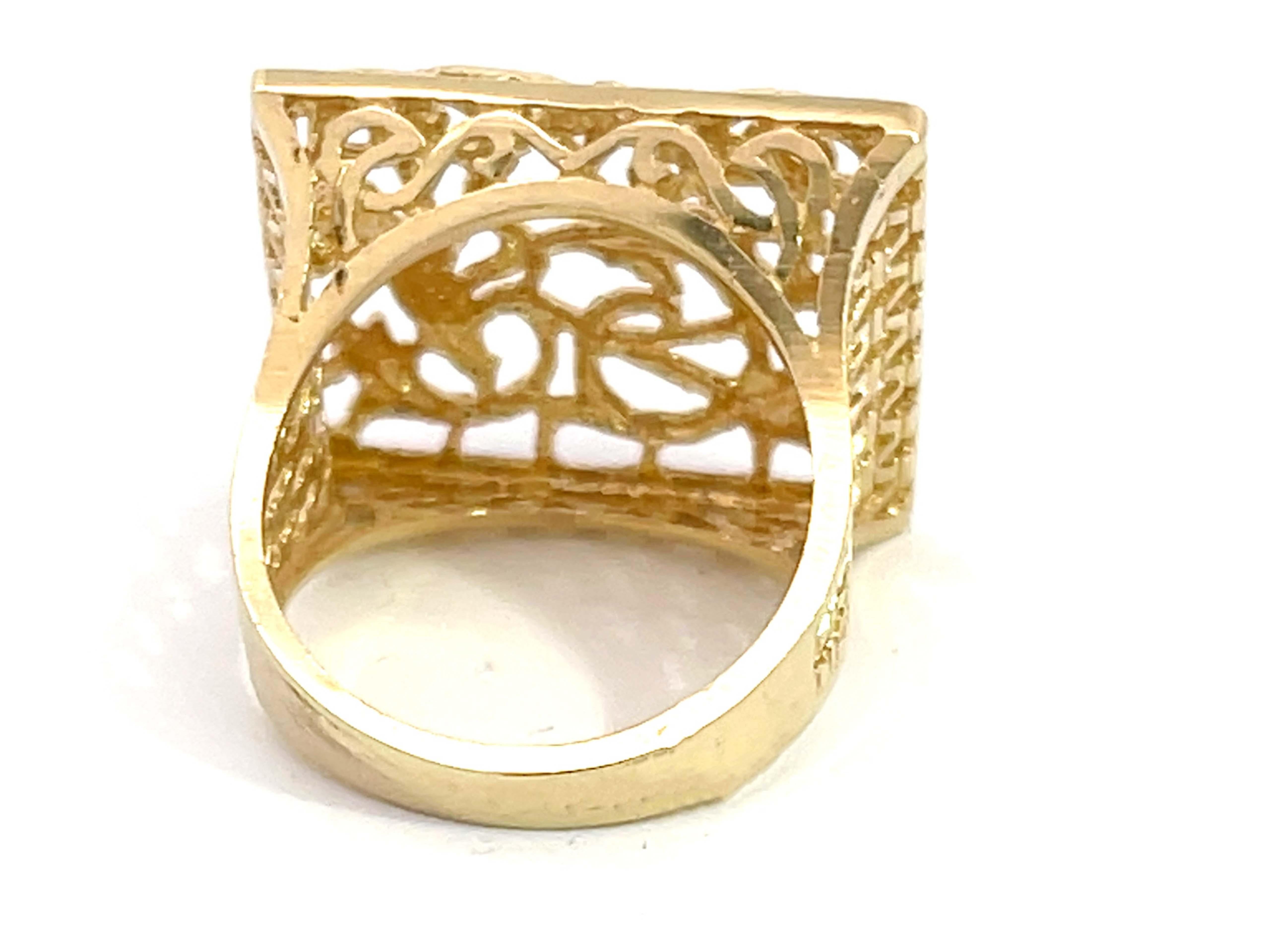 Women's or Men's Large Rectangular Scroll Cutout Ring in 14k Yellow Gold For Sale