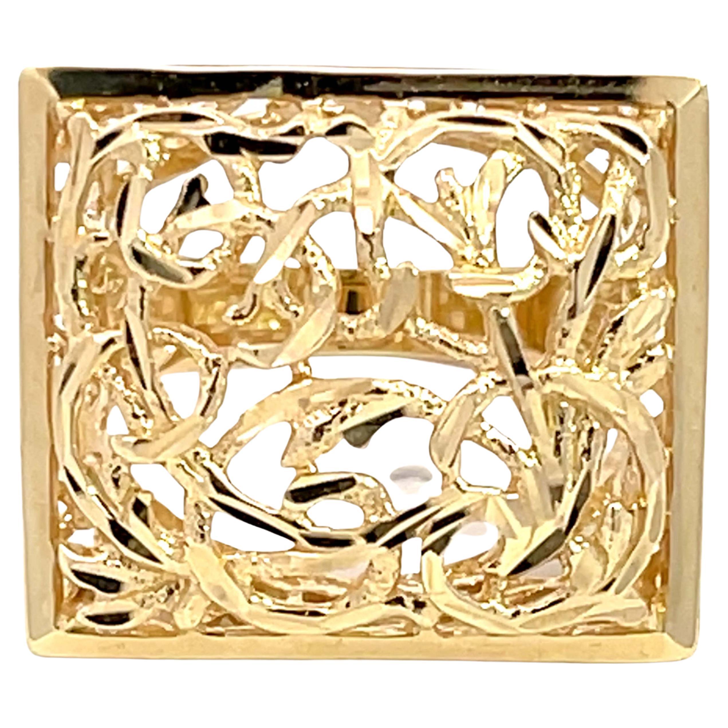 Large Rectangular Scroll Cutout Ring in 14k Yellow Gold For Sale