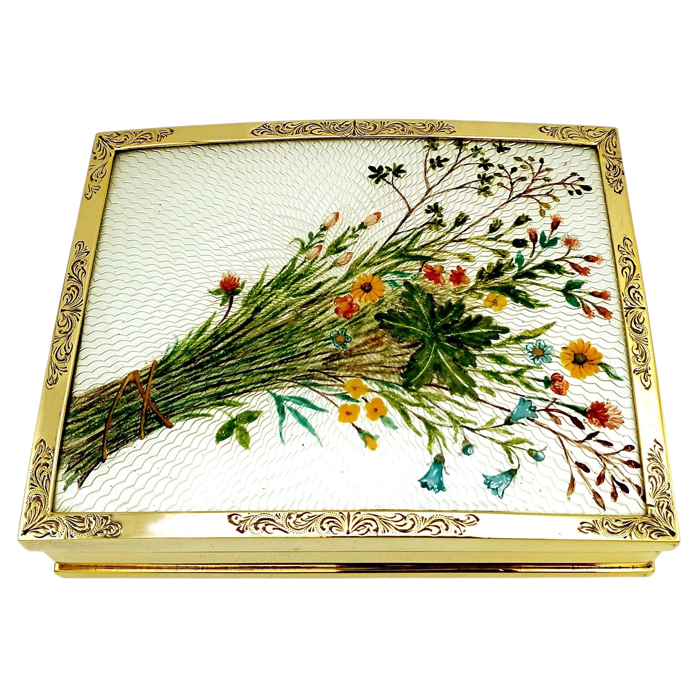 Large rectangular table box in sterling silver with fine enamelled miniature