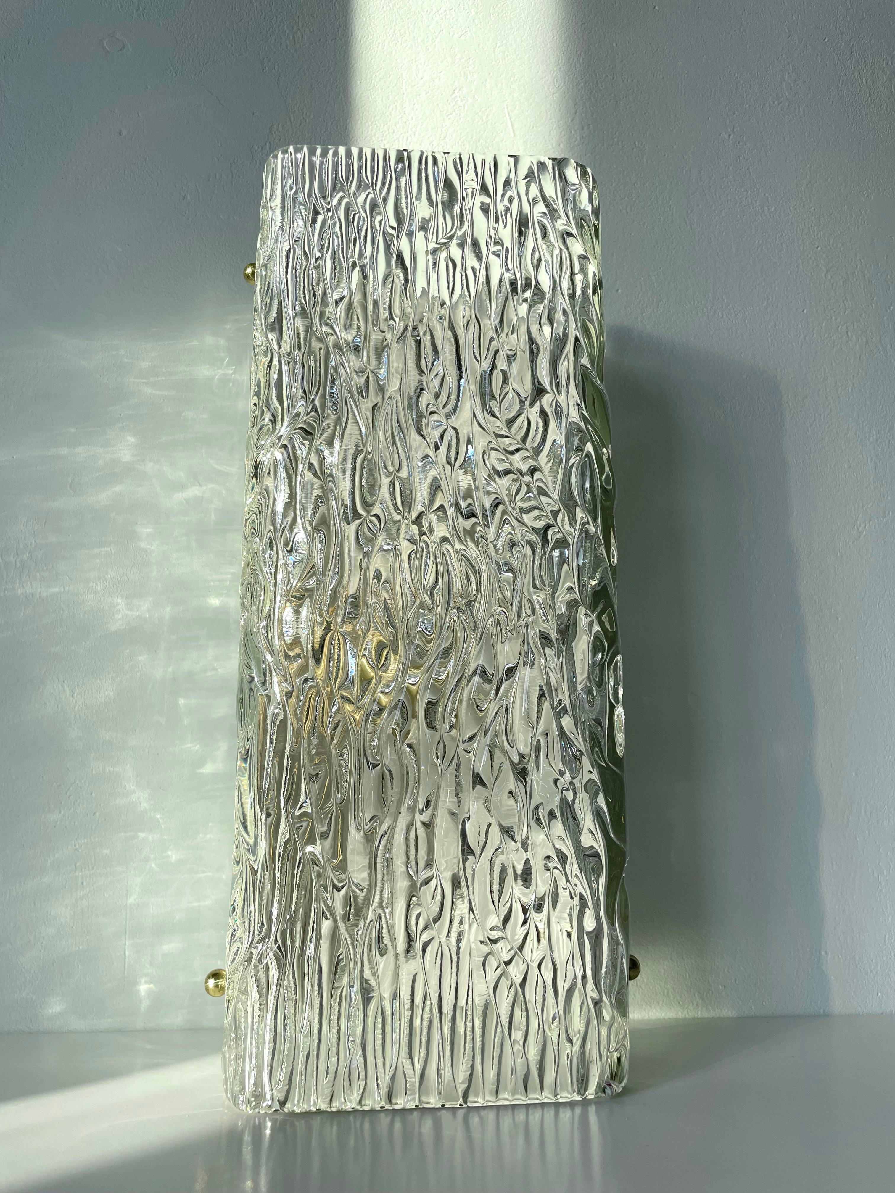 European Large Rectangular Textured Art Glass Wall Sconce, 1950s For Sale