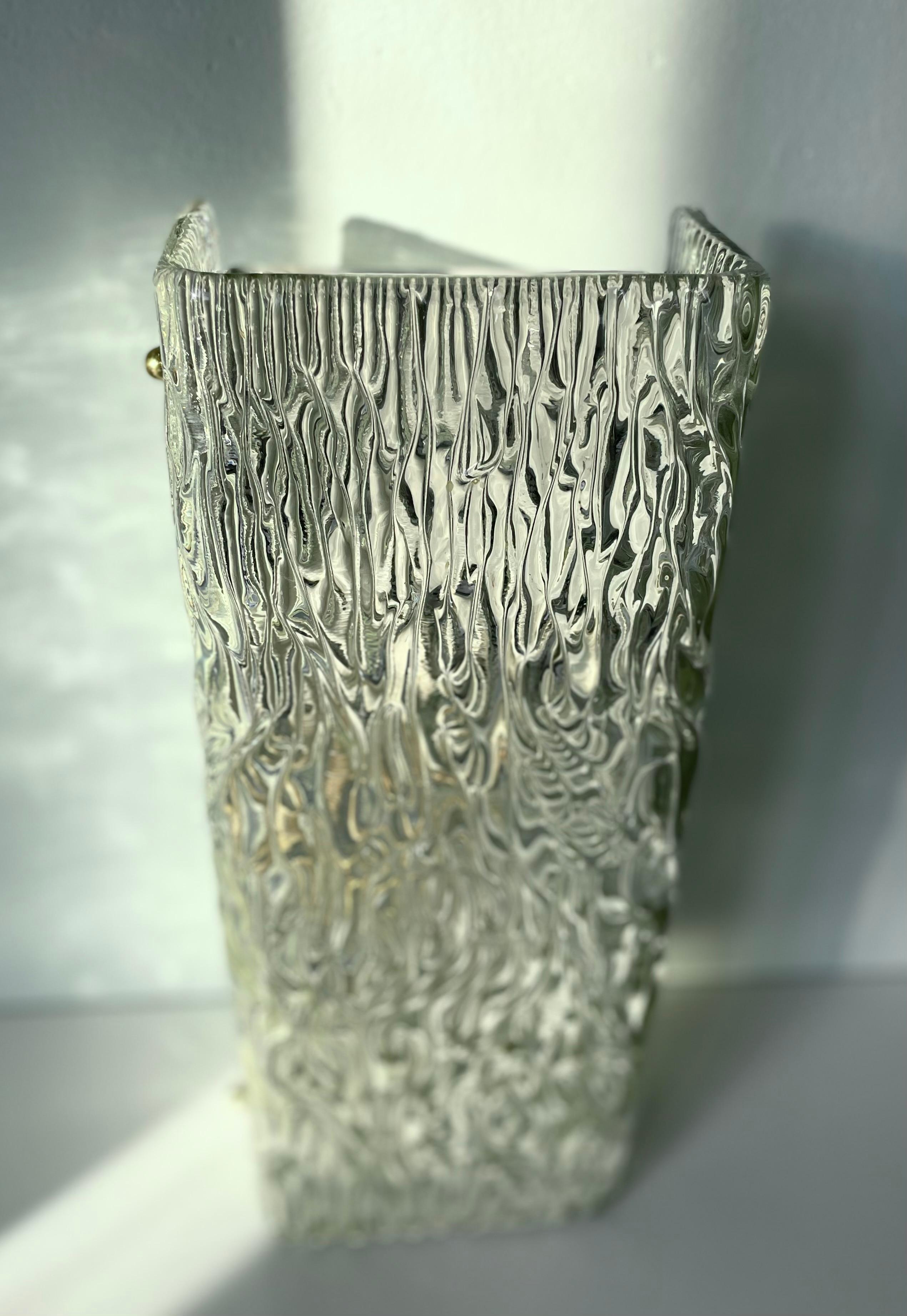 Hand-Crafted Large Rectangular Textured Art Glass Wall Sconce, 1950s For Sale