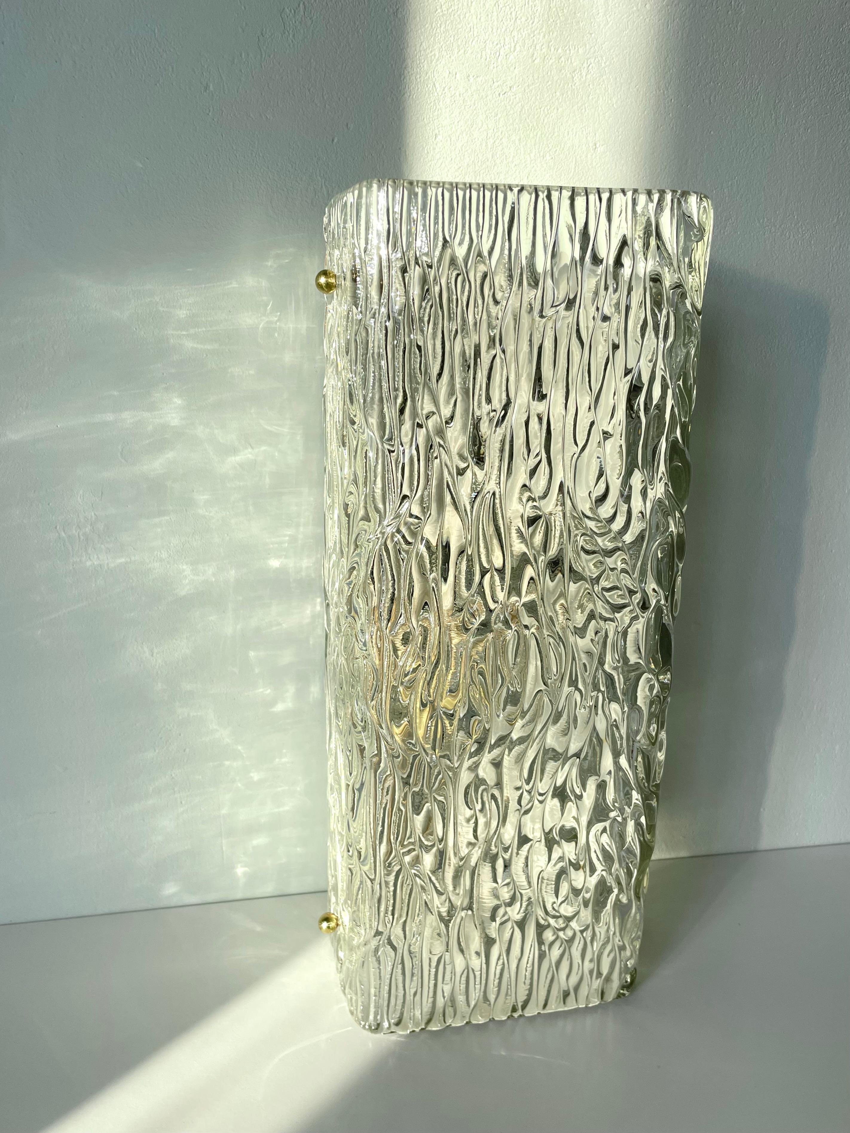 20th Century Large Rectangular Textured Art Glass Wall Sconce, 1950s For Sale